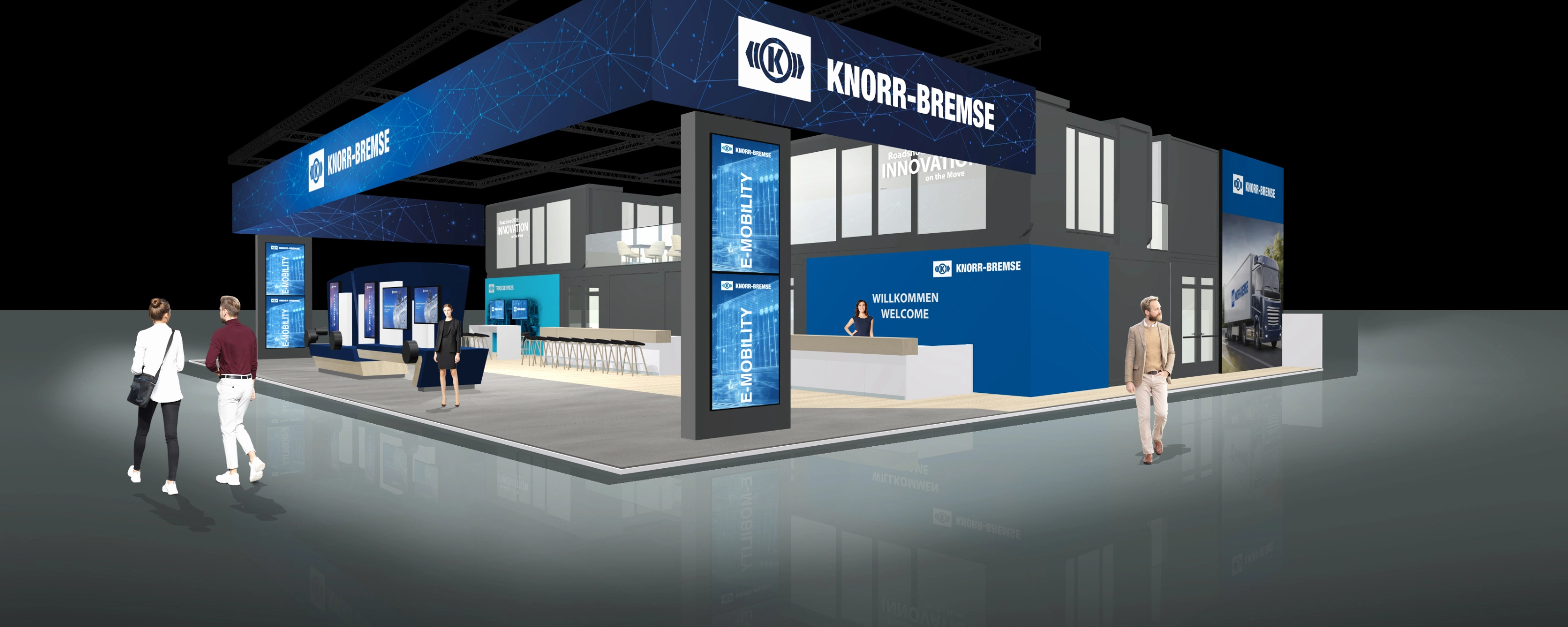 Knorr-Bremse exhibition stand with digital displays and meeting areas at a trade fair.