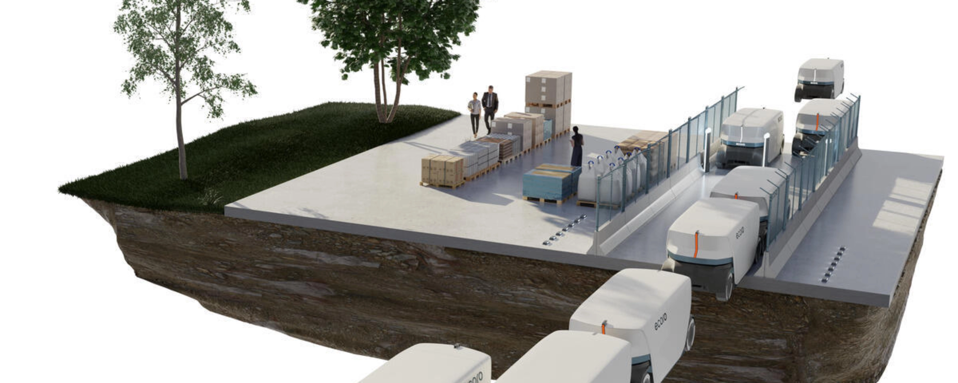 Concept image of autonomous delivery vehicles at a logistics hub with people and cargo.