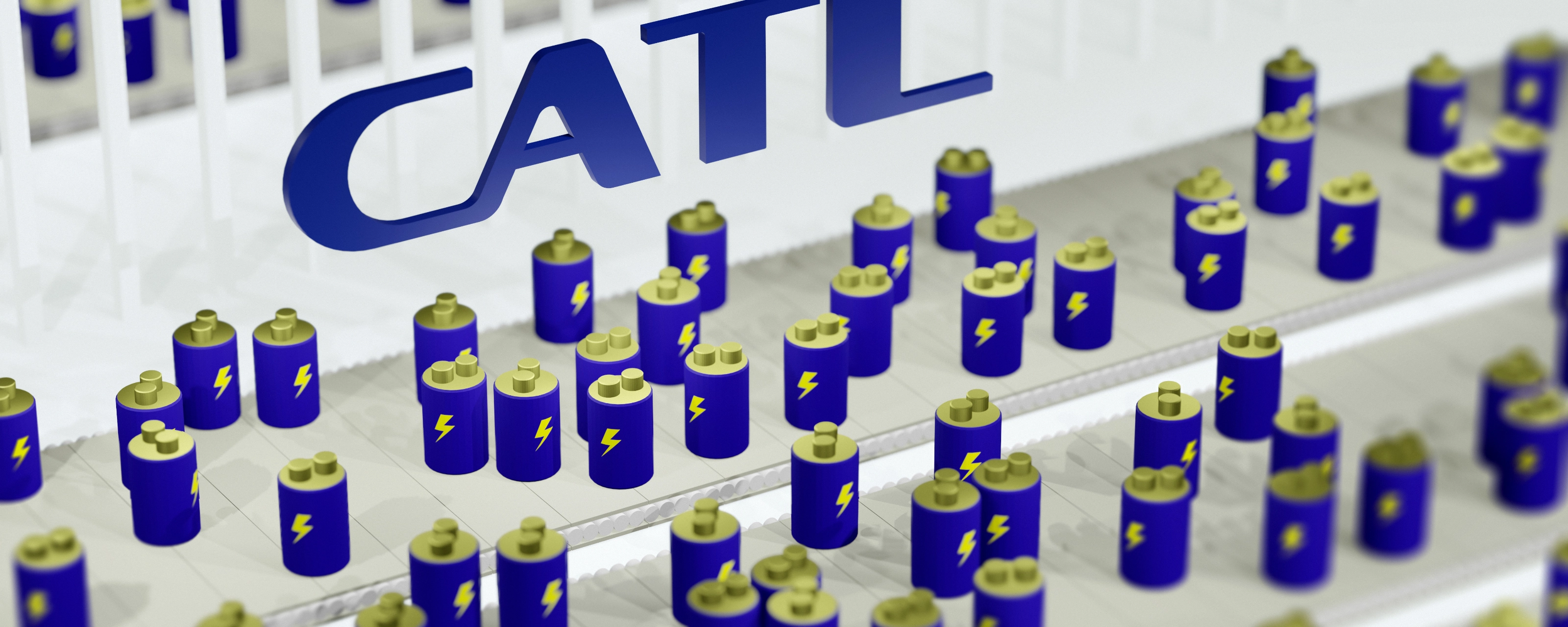 CATL logo above rows of battery icons on a production line.