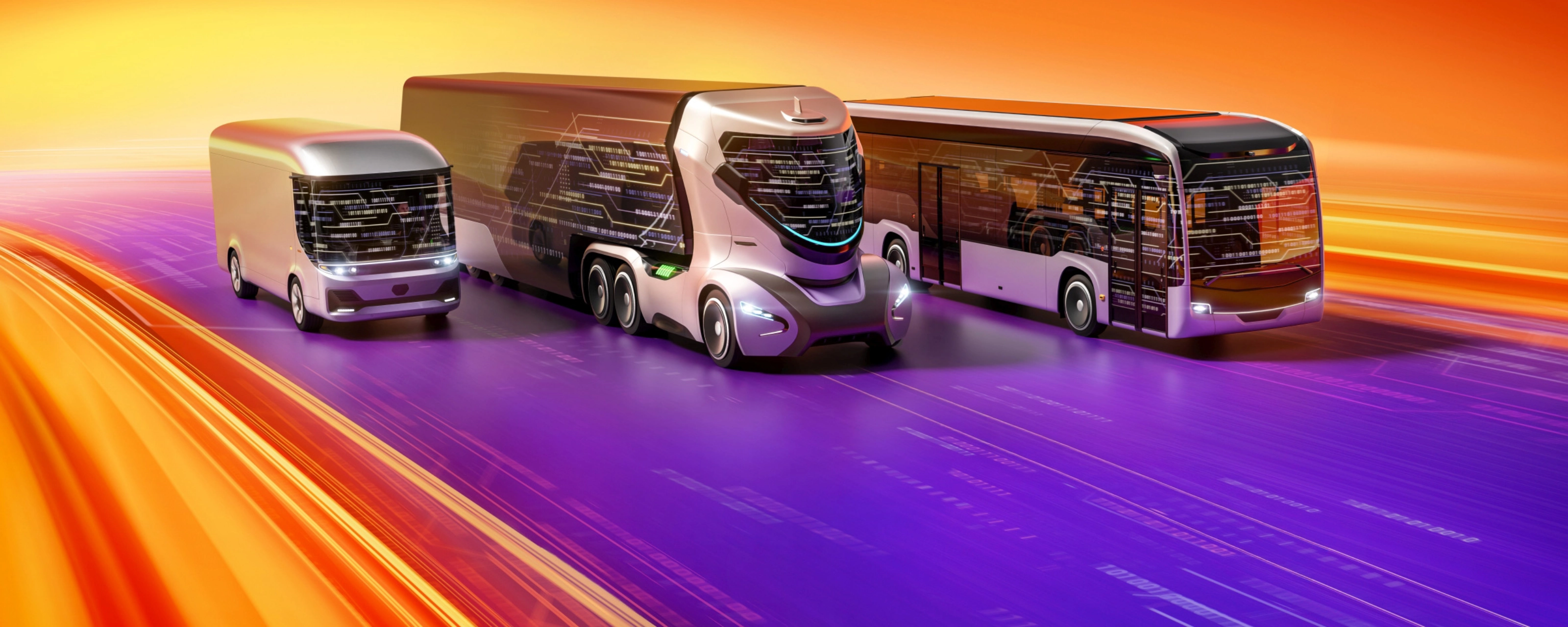 Flotte von Nutzfahrzeugen auf digitaler Straße mit vernetzter Mobilitätsdarstellung.