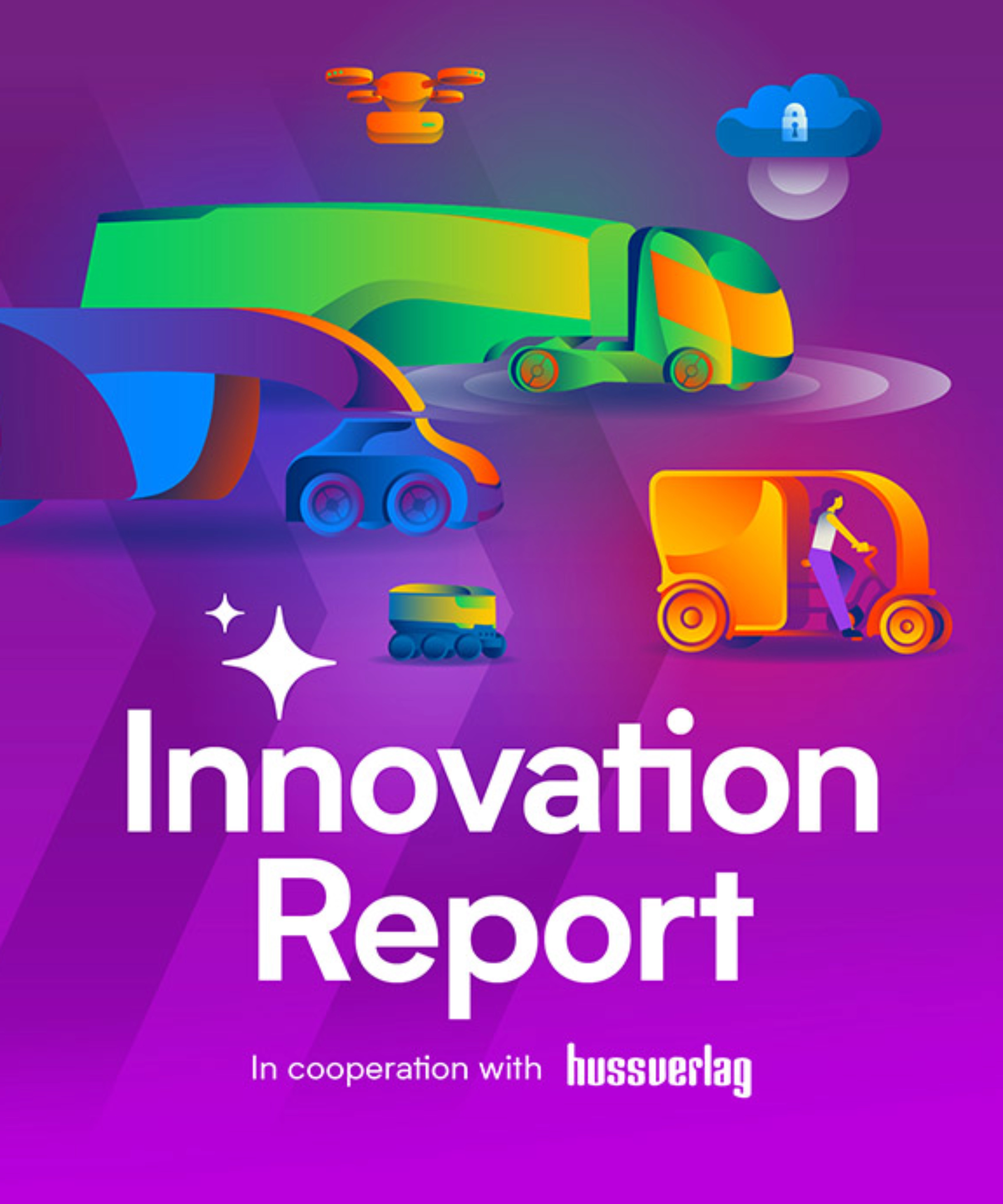 Cover of the “Innovation Report” with illustrations of connected autonomous vehicles.