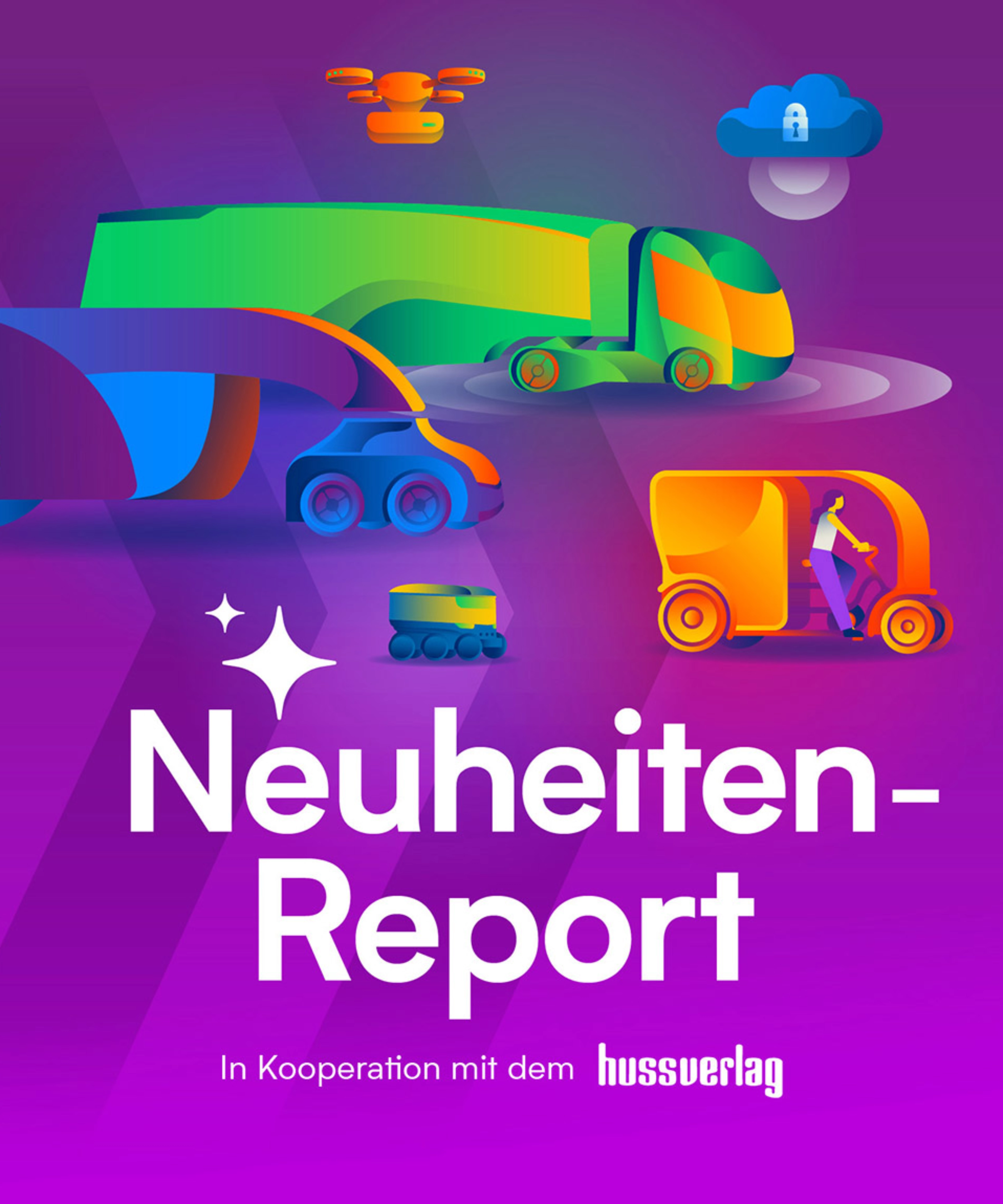 Titelbild des „Neuheiten Report“ mit Illustrationen vernetzter autonomer Fahrzeuge.