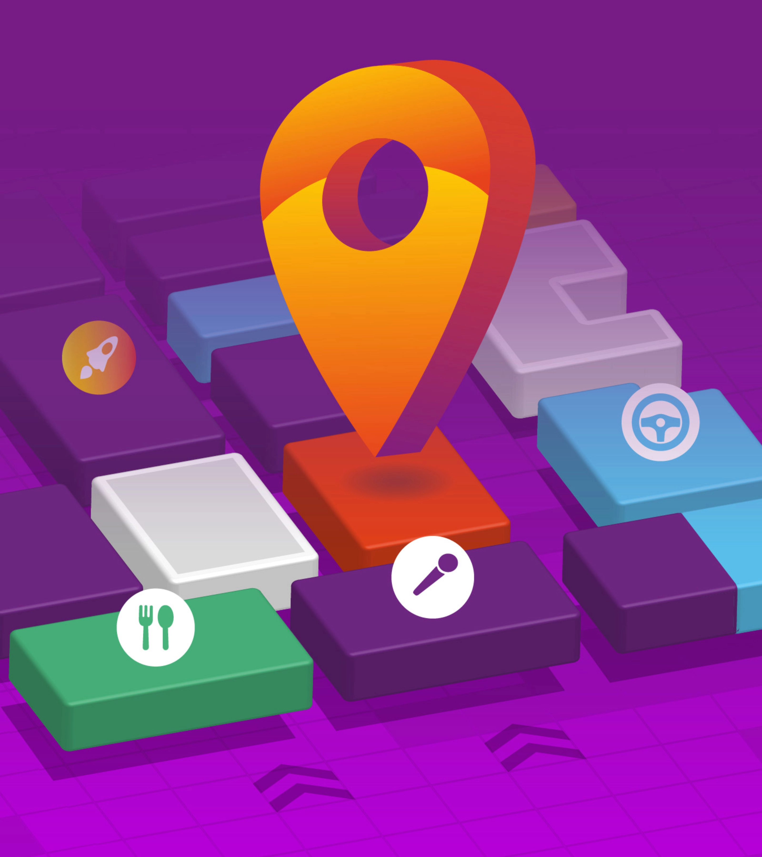 Standort-Pin auf stilisierter Karte mit Symbolen für Essen, Events und Mobilität.