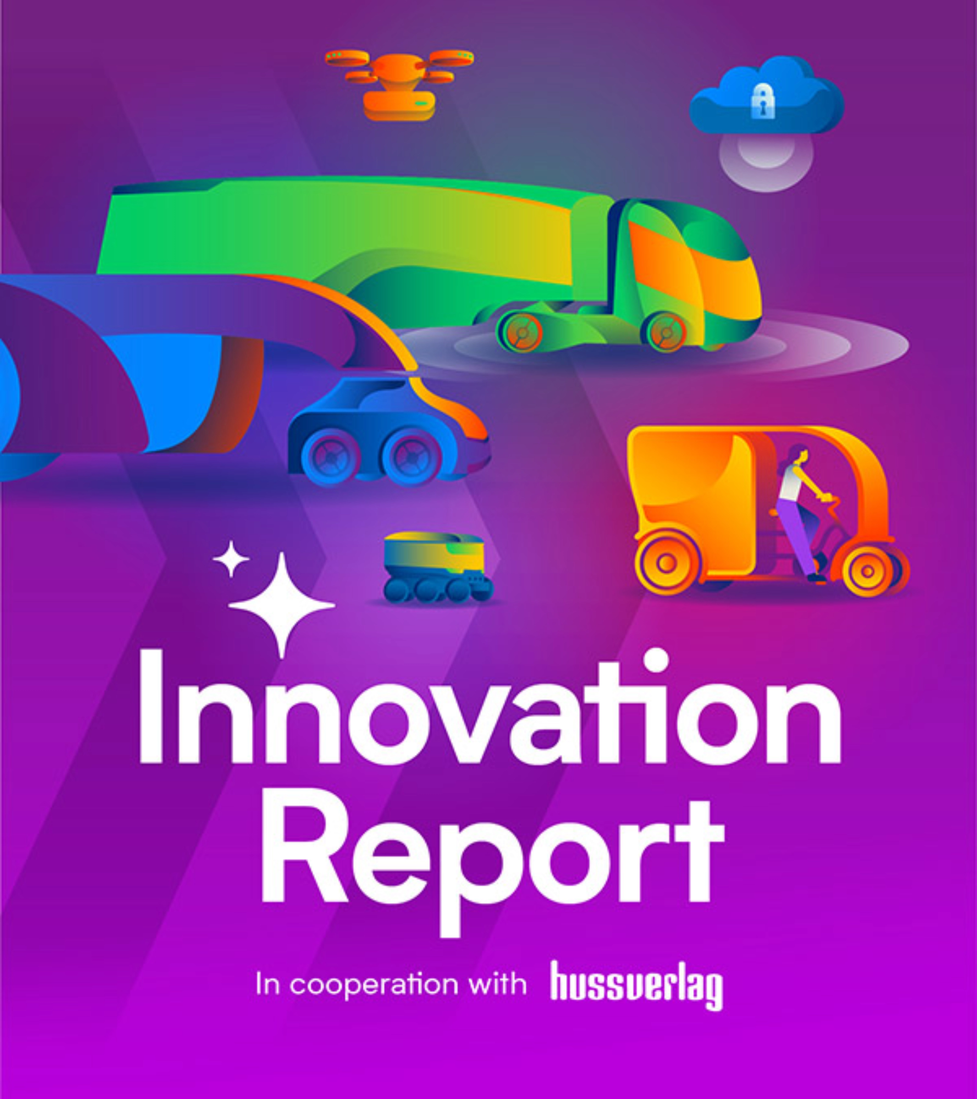 Cover of the “Innovation Report” with illustrations of connected autonomous vehicles.