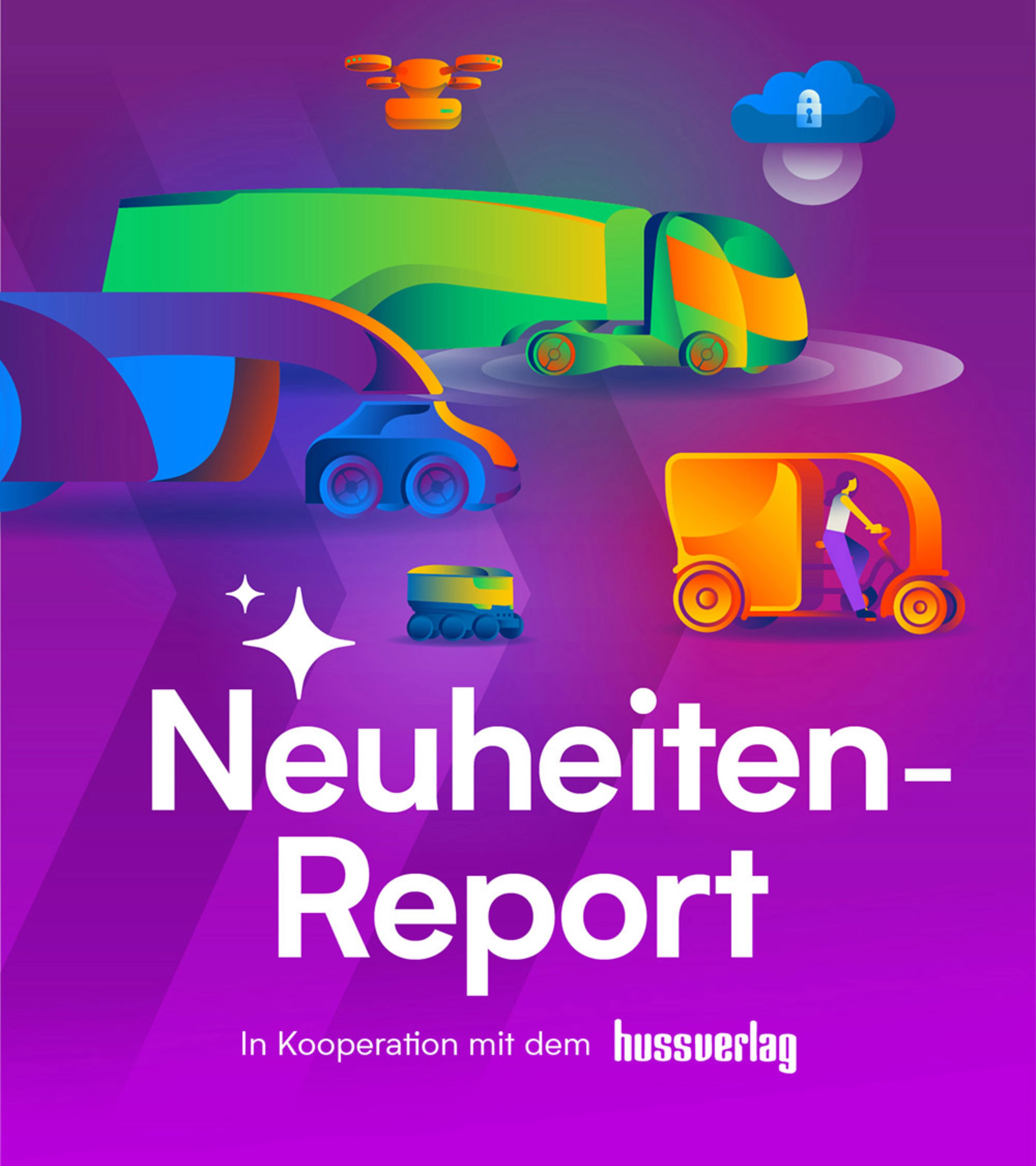 Titelbild des „Neuheiten Report“ mit Illustrationen vernetzter autonomer Fahrzeuge.