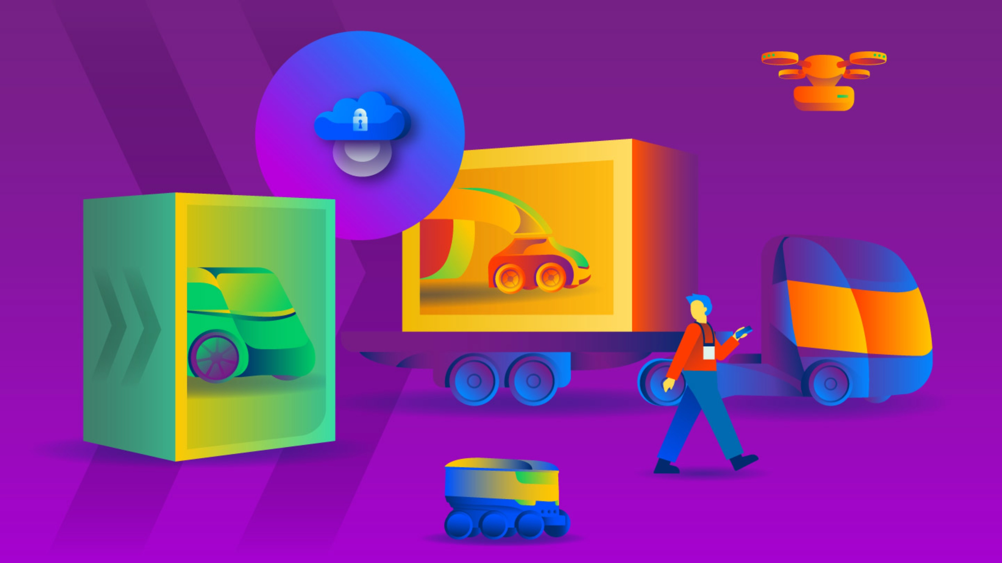 Future mobility products with autonomous vehicles, delivery robots, drone and cloud security.