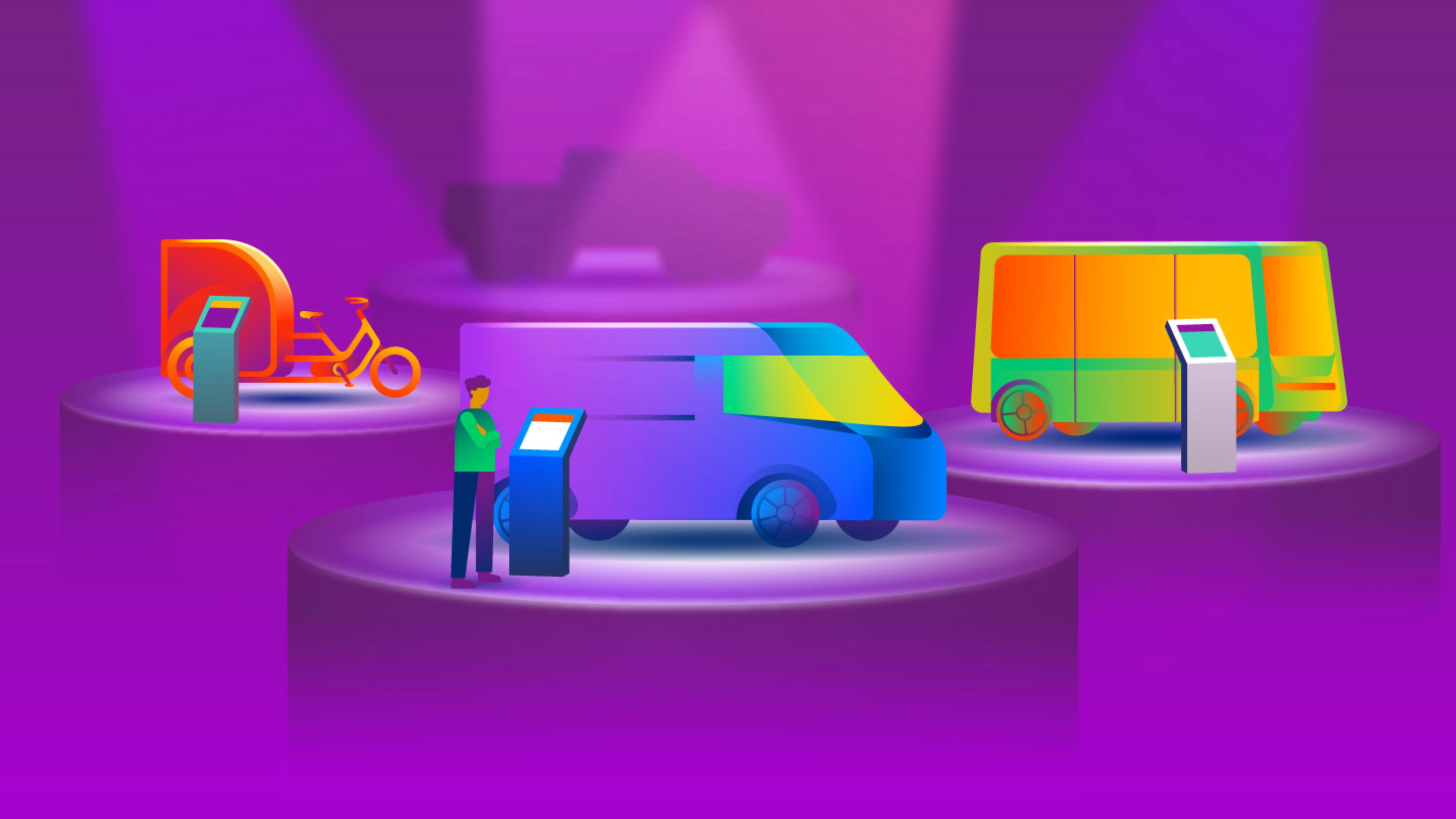Illustration of a bicycle, autonomous van and bus at digital mobility stations.