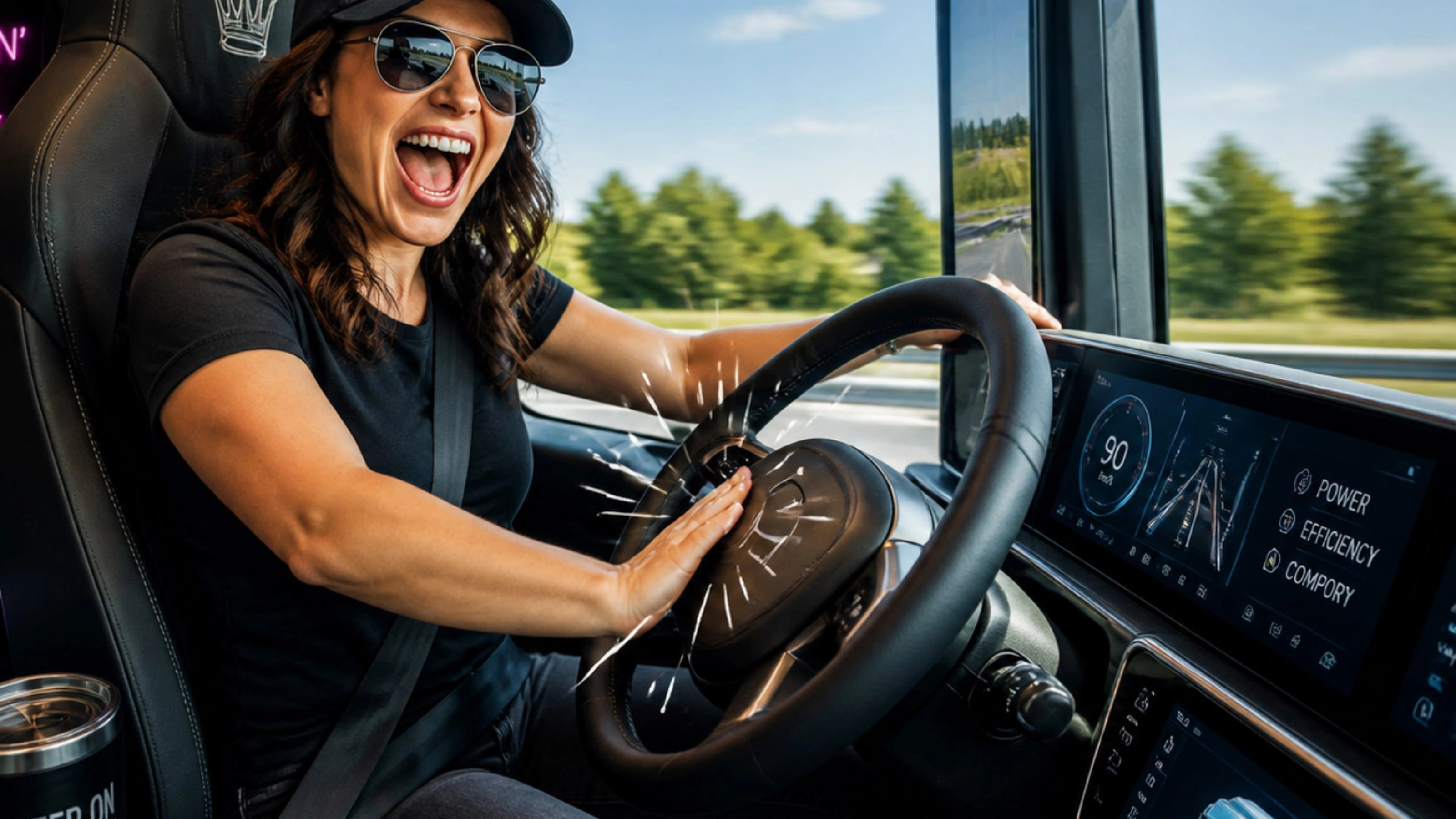 Smiling truck driver honks the horn while driving a modern truck.