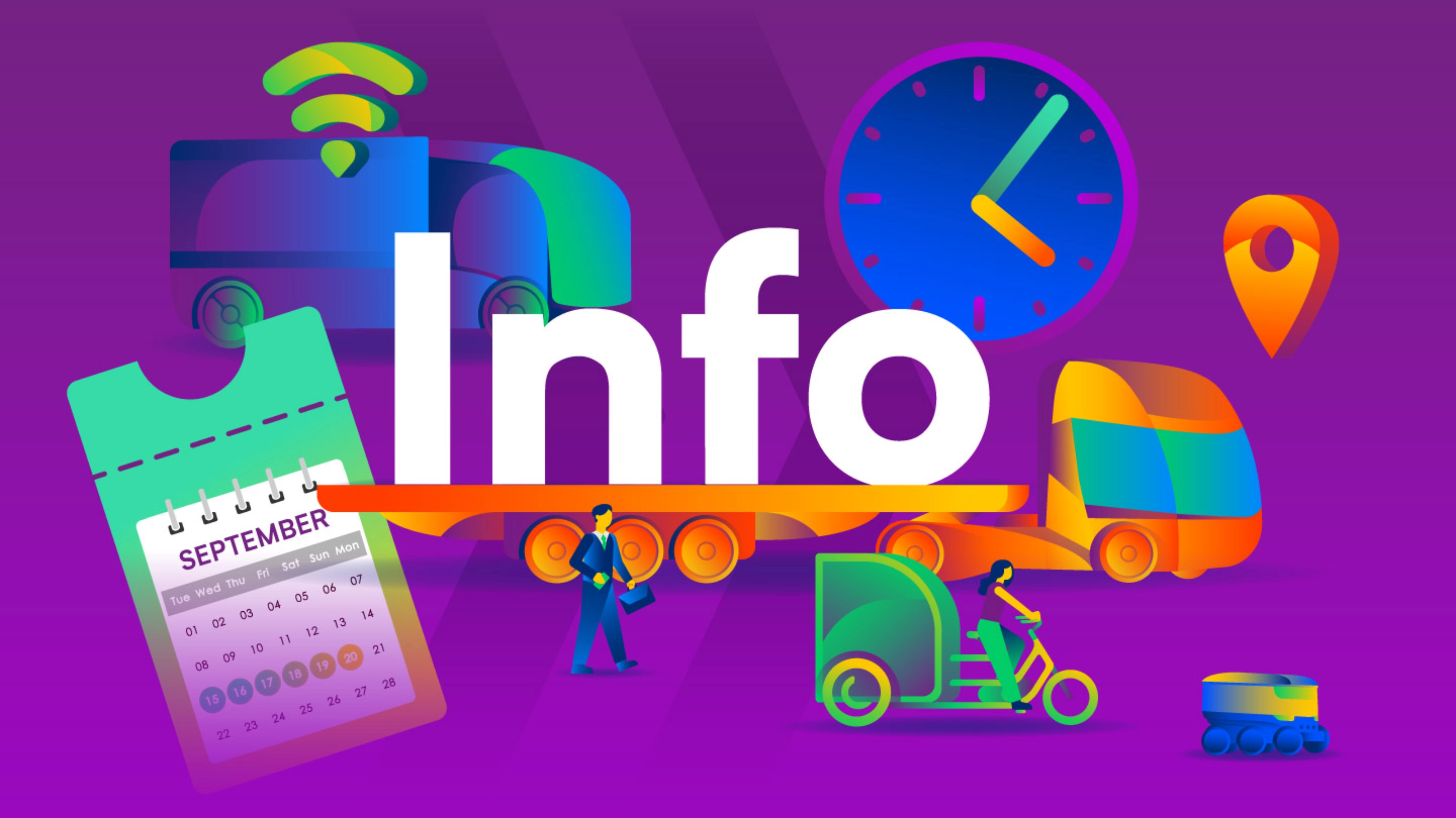 Info graphic with calendar, clock, location pin and various mobility solutions.