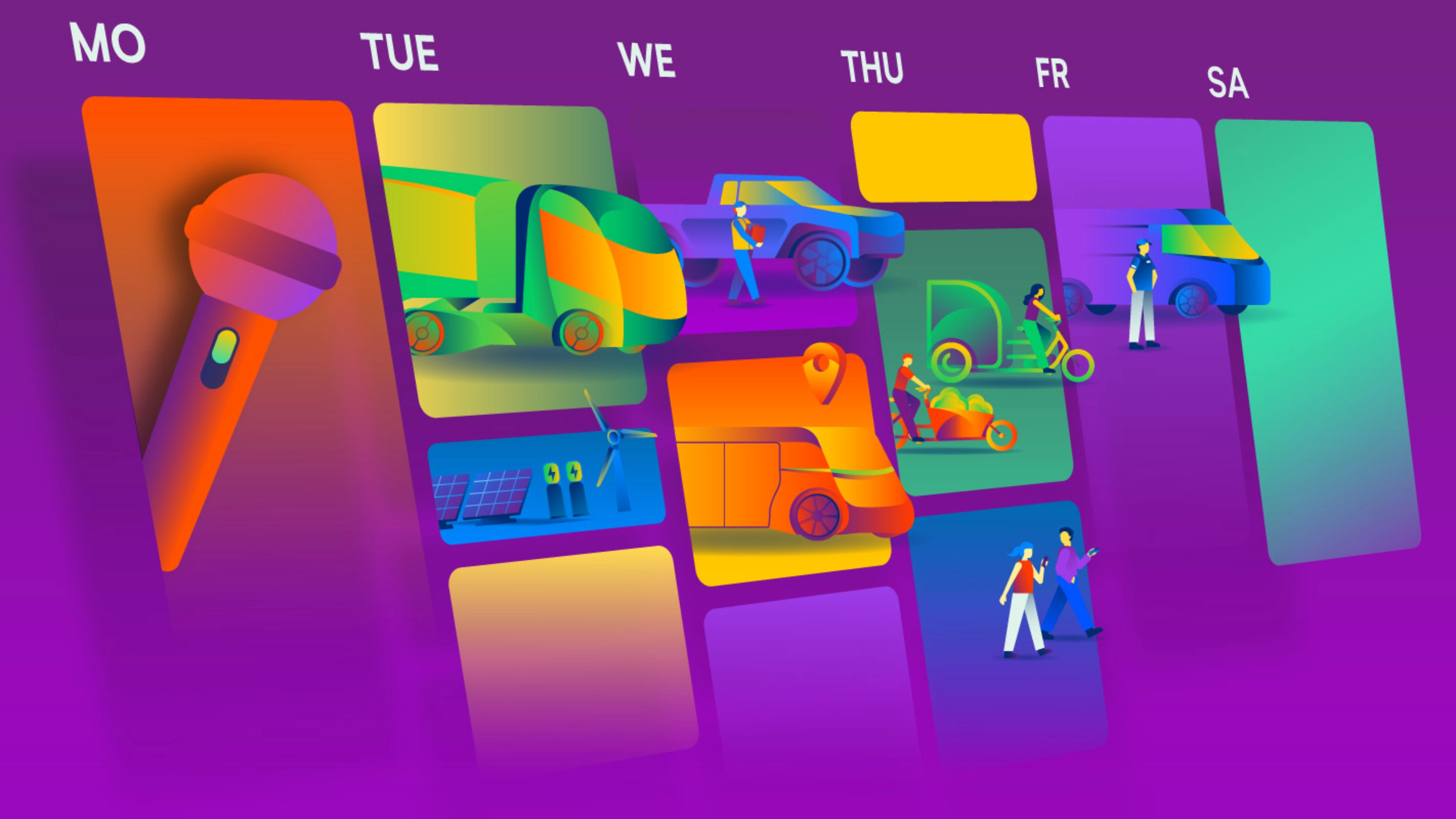 Wochenkalender mit Events zu nachhaltiger Mobilität, Fahrzeugen und Energie.
