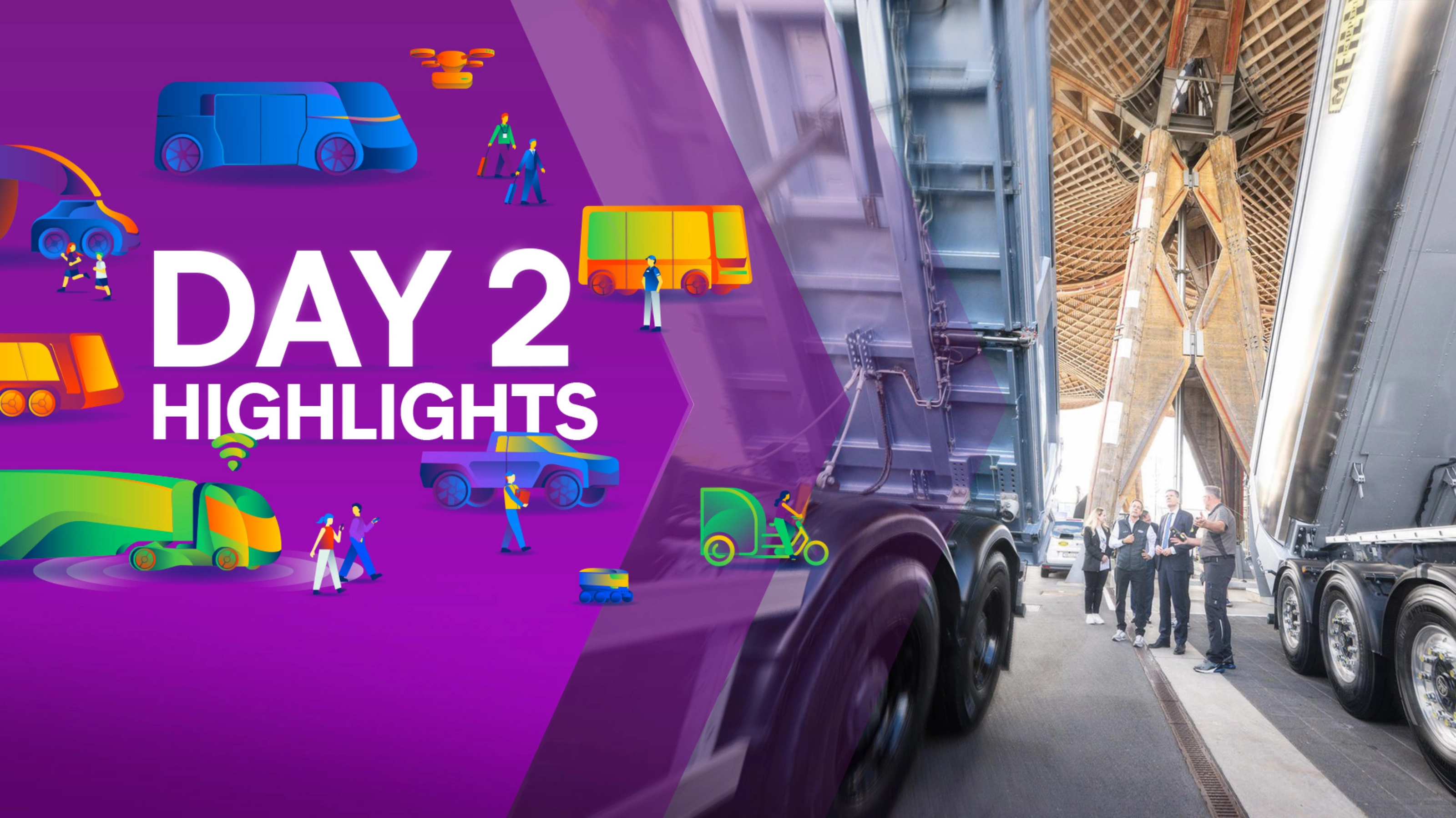 Day 2 highlights with mobility graphics and visitors viewing trucks at an exhibition.