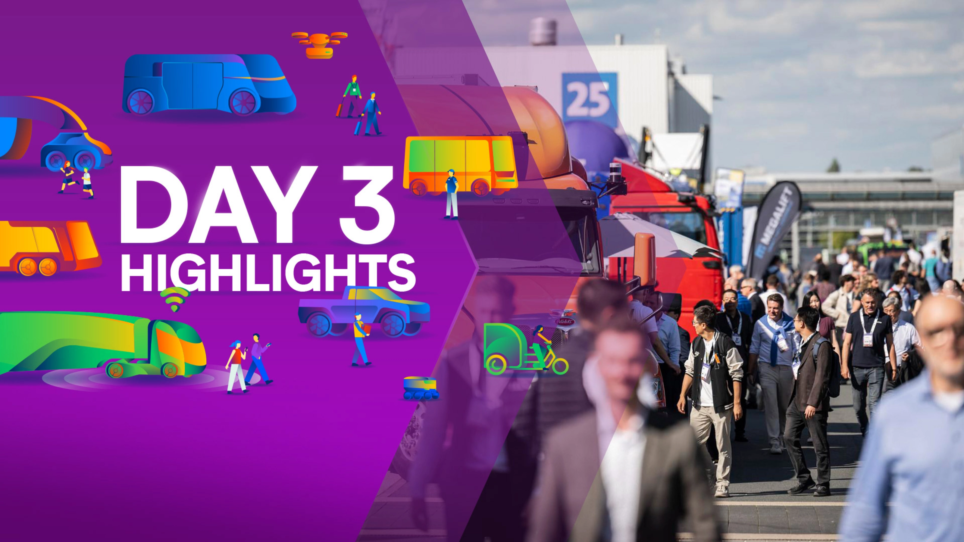 Day 3 Highlights mit Mobilitätsgrafiken und Besuchern auf der IAA Transportation.