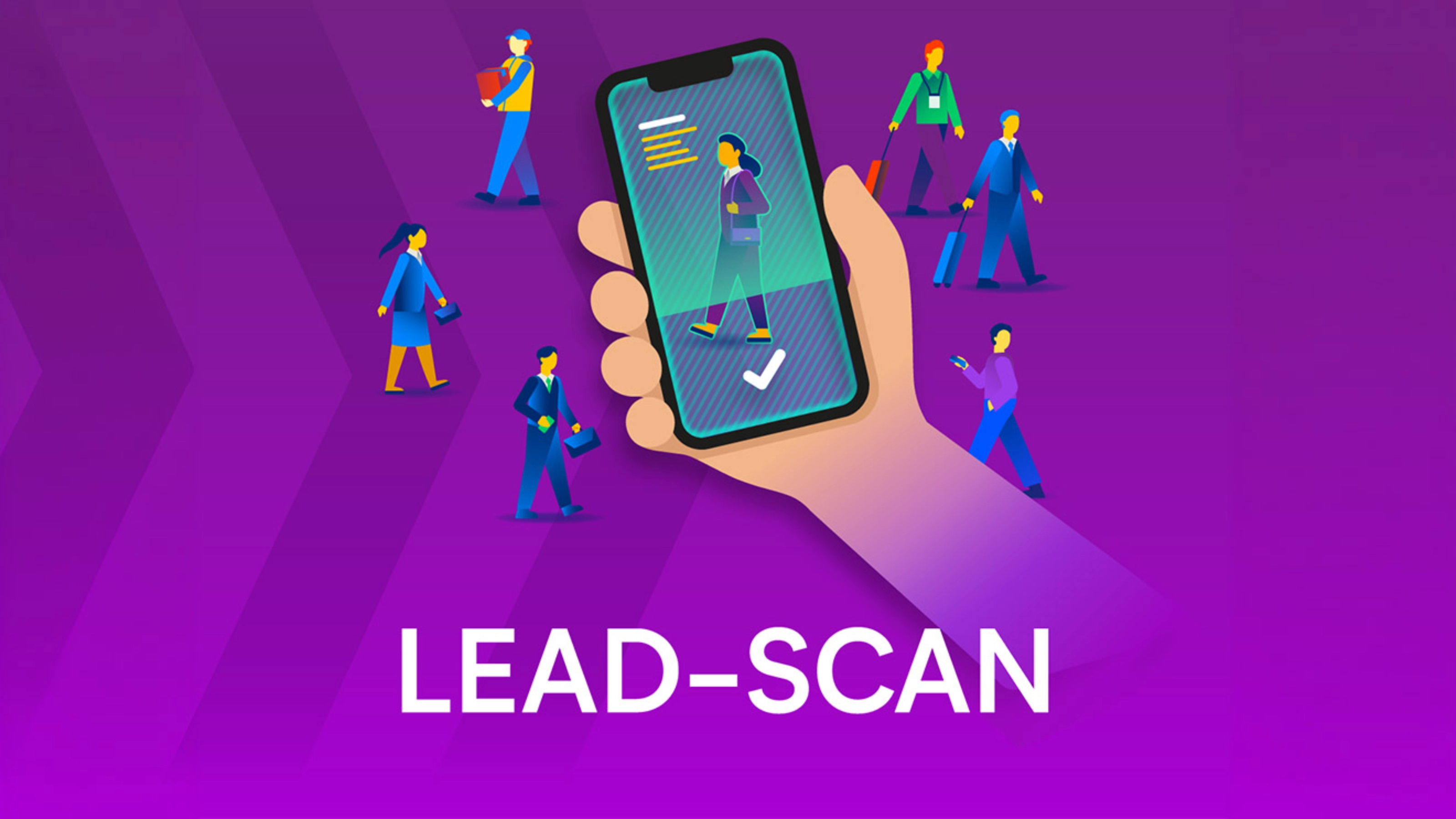 Lead scan illustration with a smartphone scanning an event attendee.