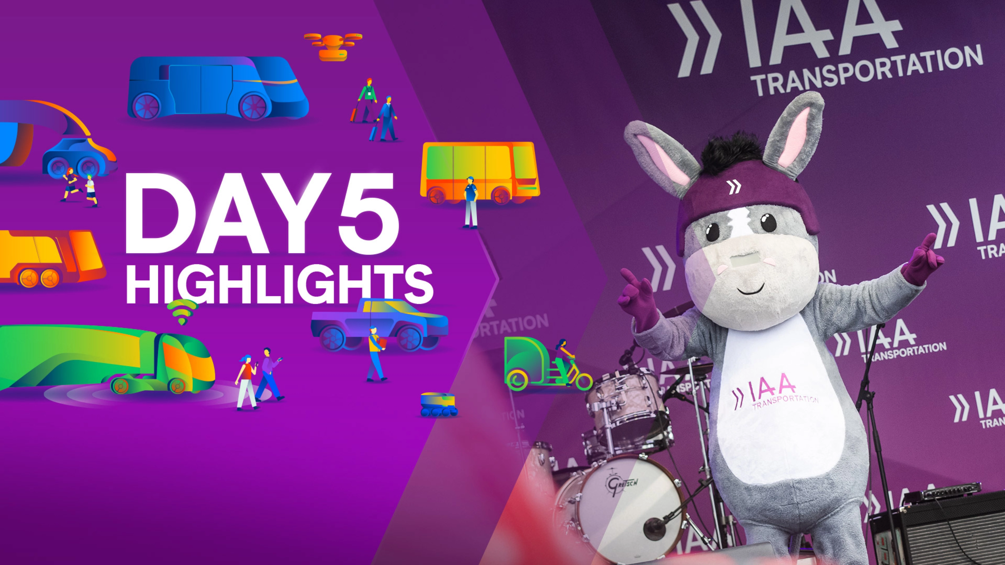 IAA Transportation Day 5 highlights with mobility graphics and the IAA donkey mascot on stage.