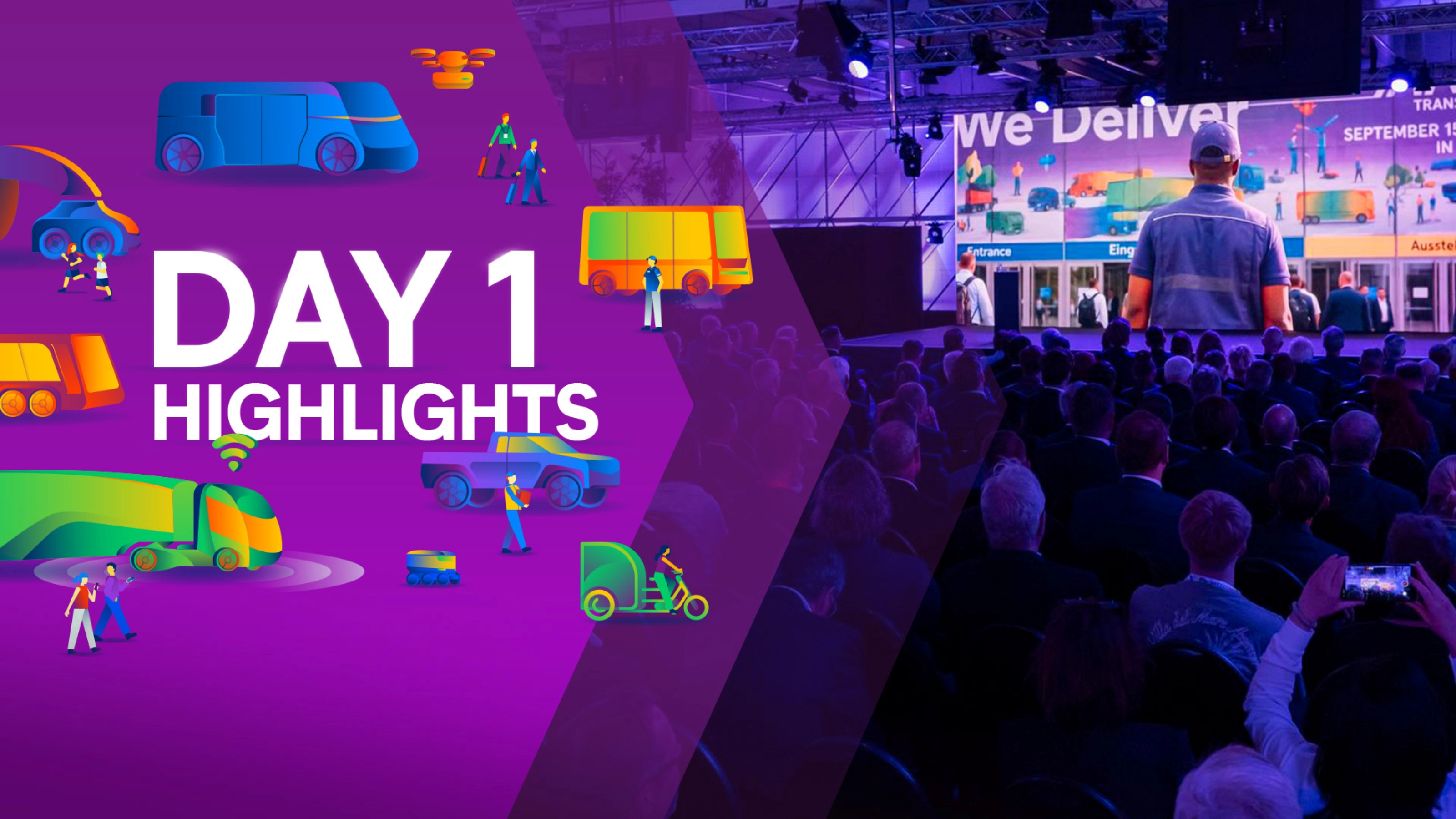 Day 1 highlights with illustrated mobility and a covered truck at the IAA Transportation.