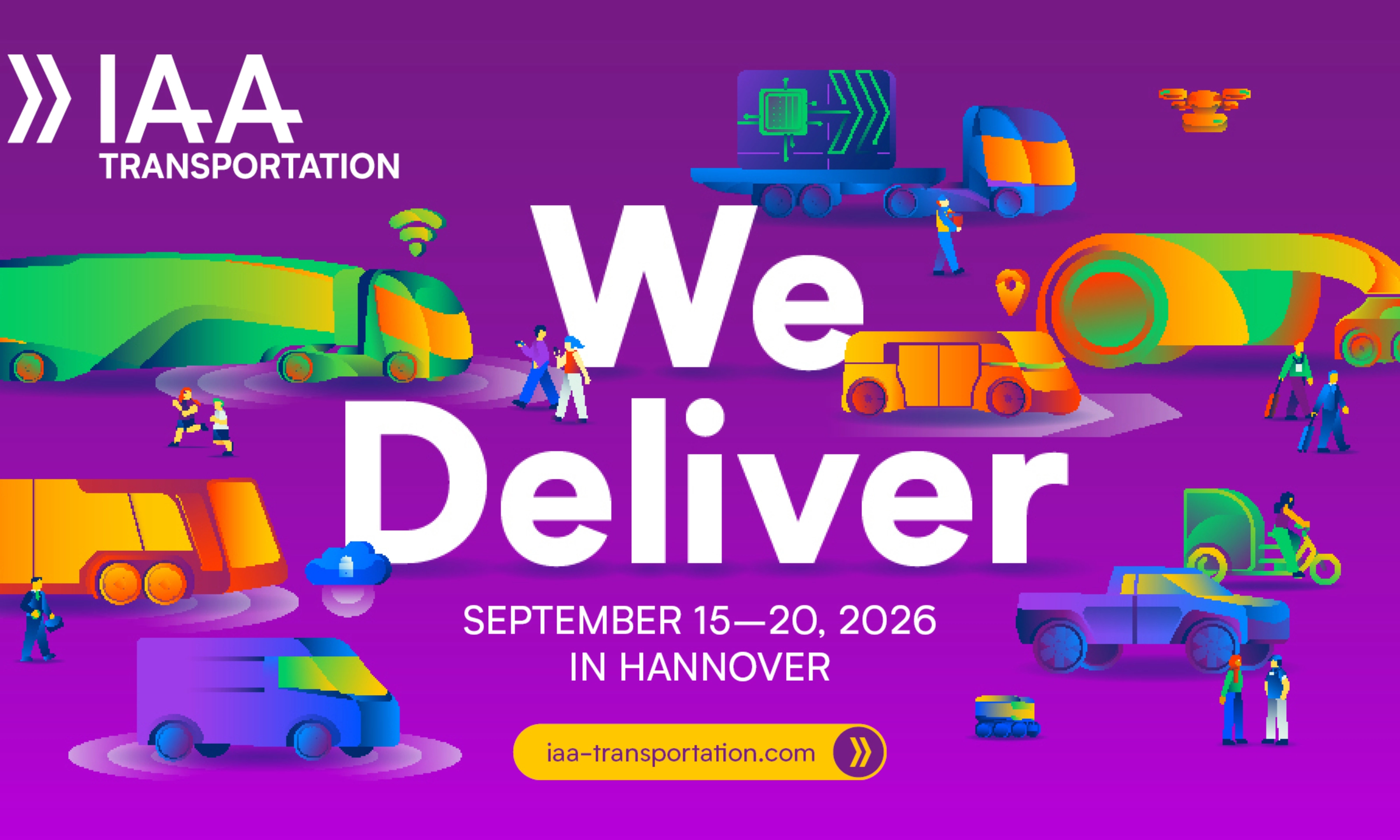 Bunte Fahrzeuge und Menschen mit „We Deliver“ und Infos zur IAA TRANSPORTATION 2026 in Hannover.