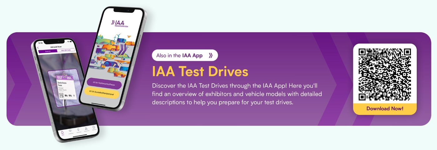 A banner shows two phones with the IAA app and a QR code promoting IAA Test Drives.