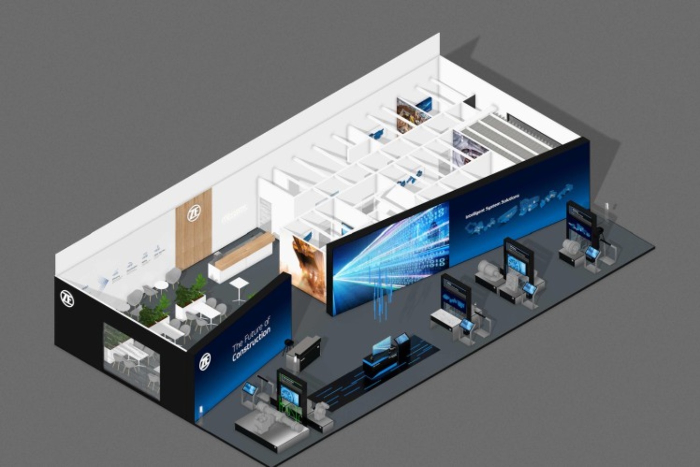 3D-Modell eines modernen Messestands von ZF mit digitalen Displays, Sitzbereichen und abgetrennten Besprechungsräumen.