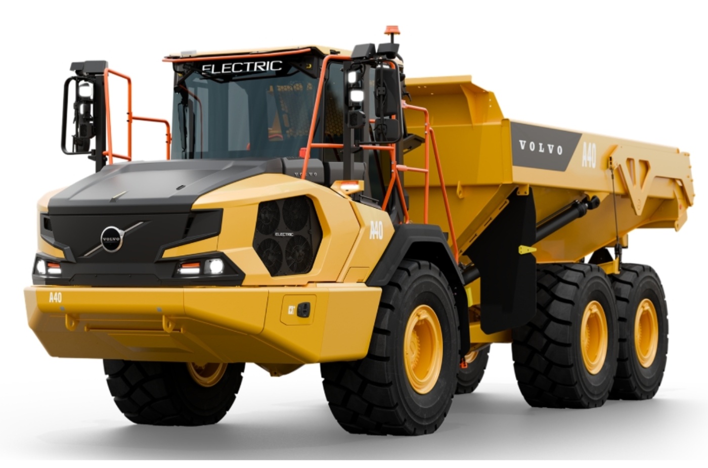 Yellow and black Volvo A40 electric articulated hauler with large tires and "ELECTRIC" displayed above the windshield.