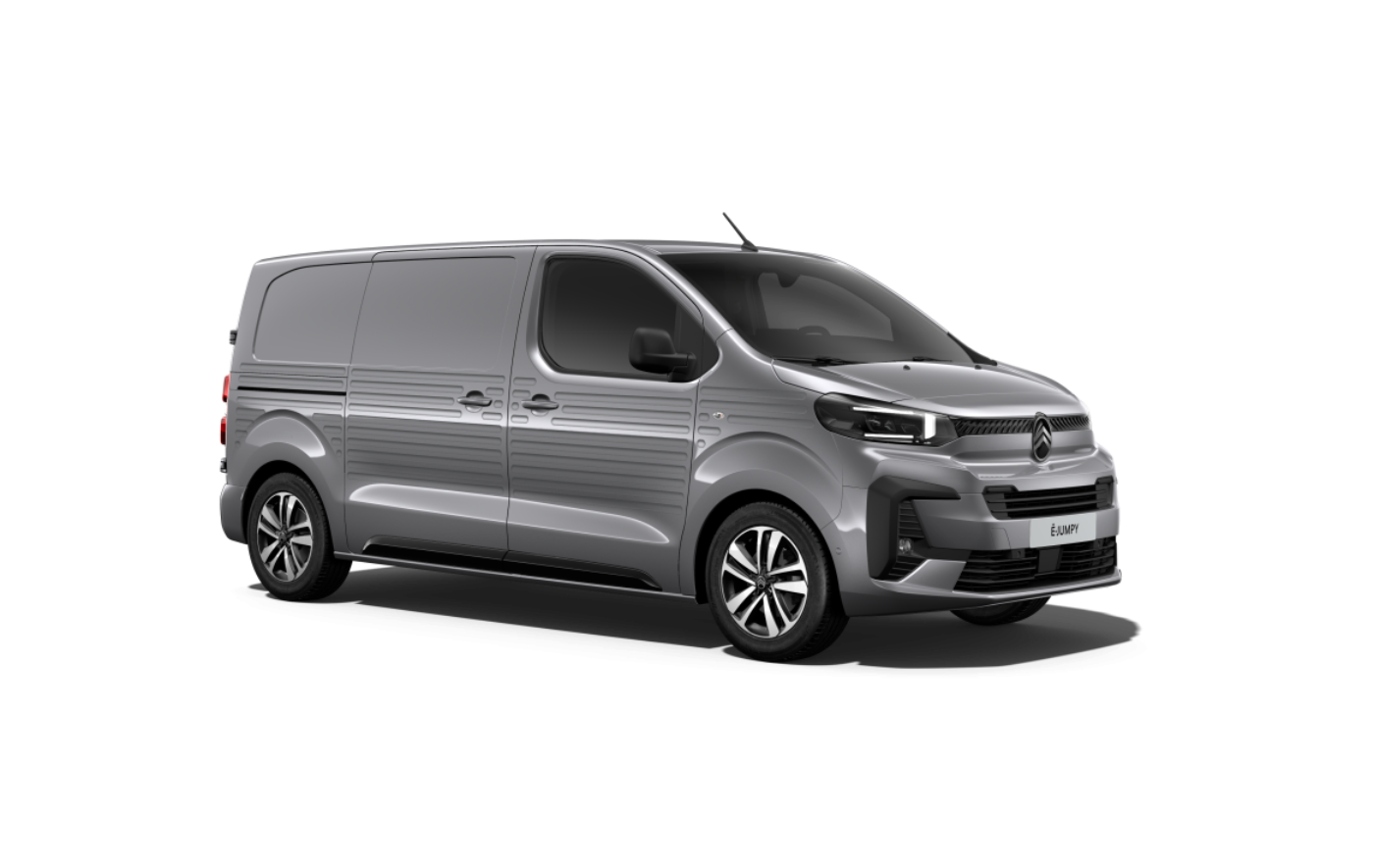 Silver Citroën ë-Jumpy electric delivery van shown in a studio setting with a black background.