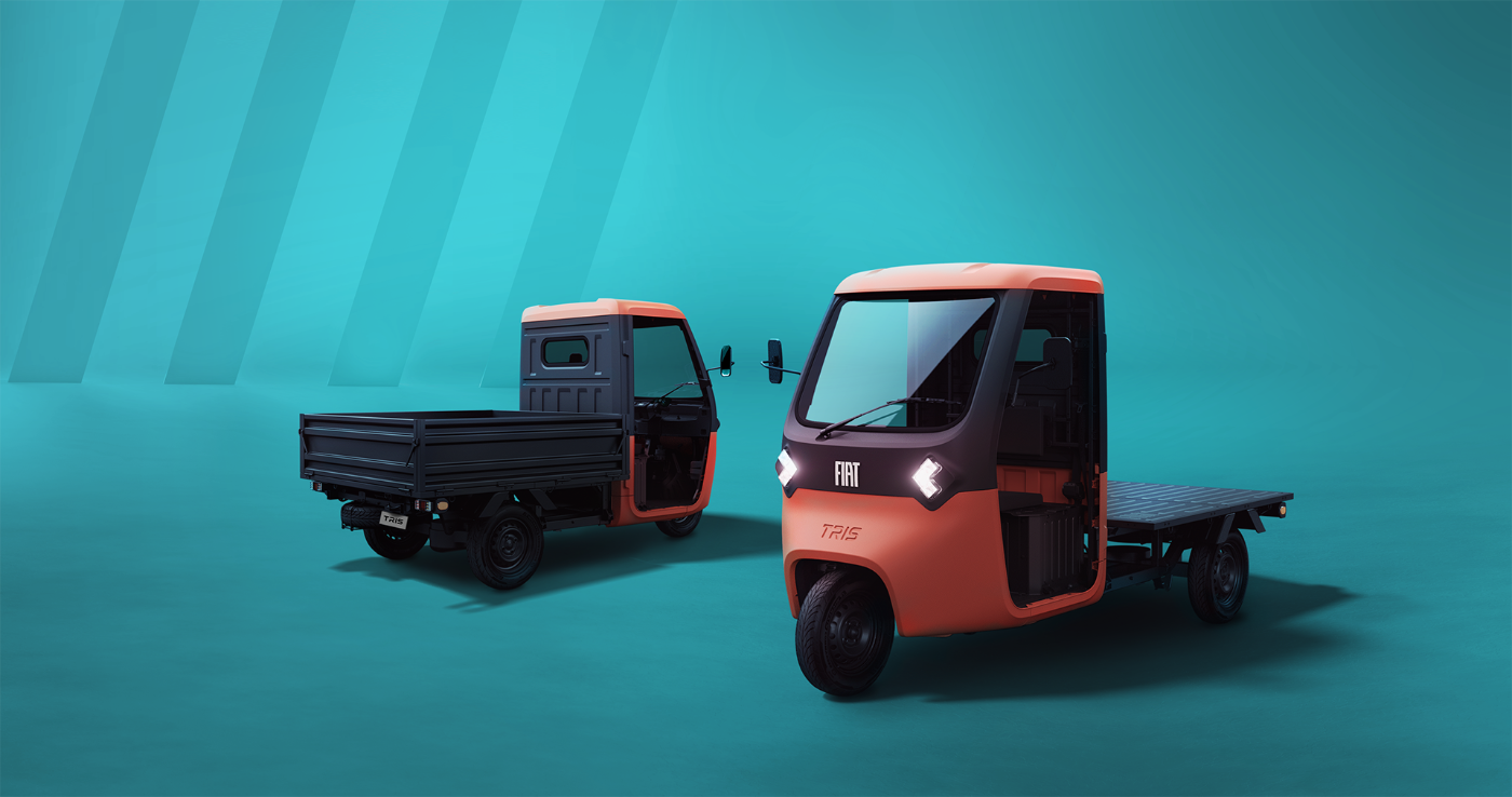 Two small orange Fiat TRIS electric cargo vehicles on a turquoise background.