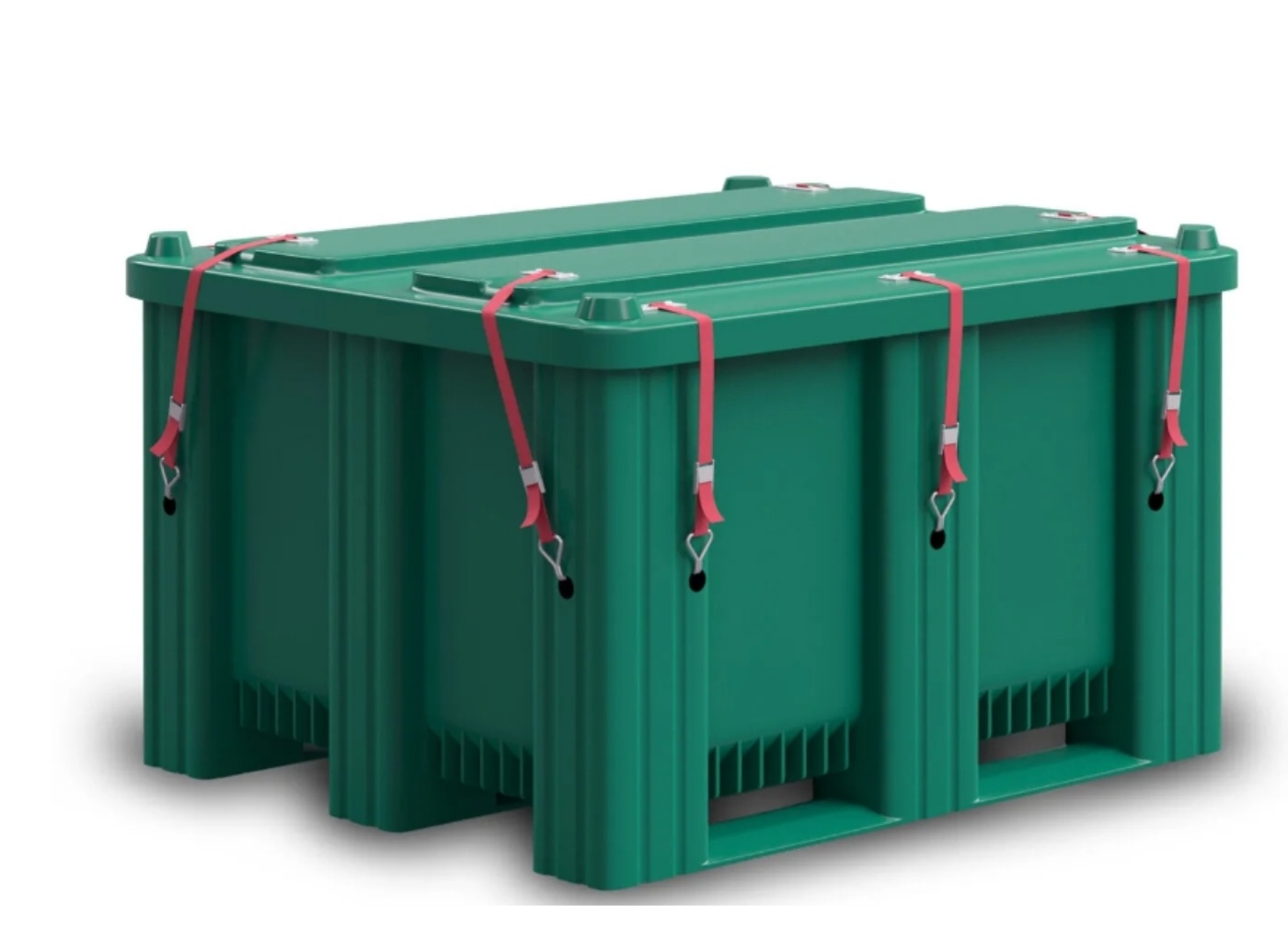 Green battery transport container with red securing straps