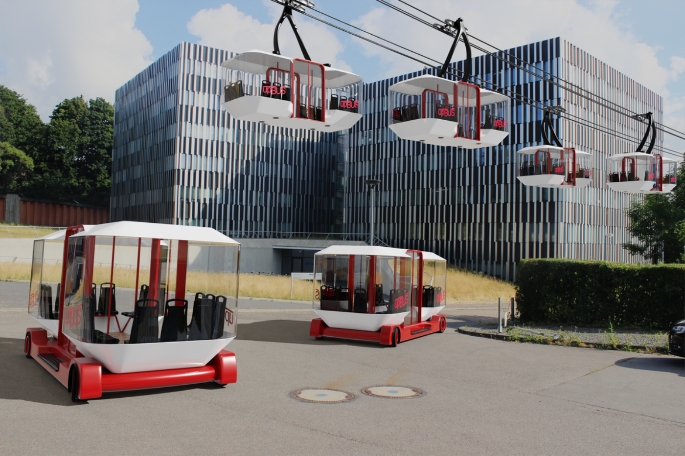Moderne Seilbahnen und autonome Shuttlebusse des upBus-Systems bei Bürogebäuden.