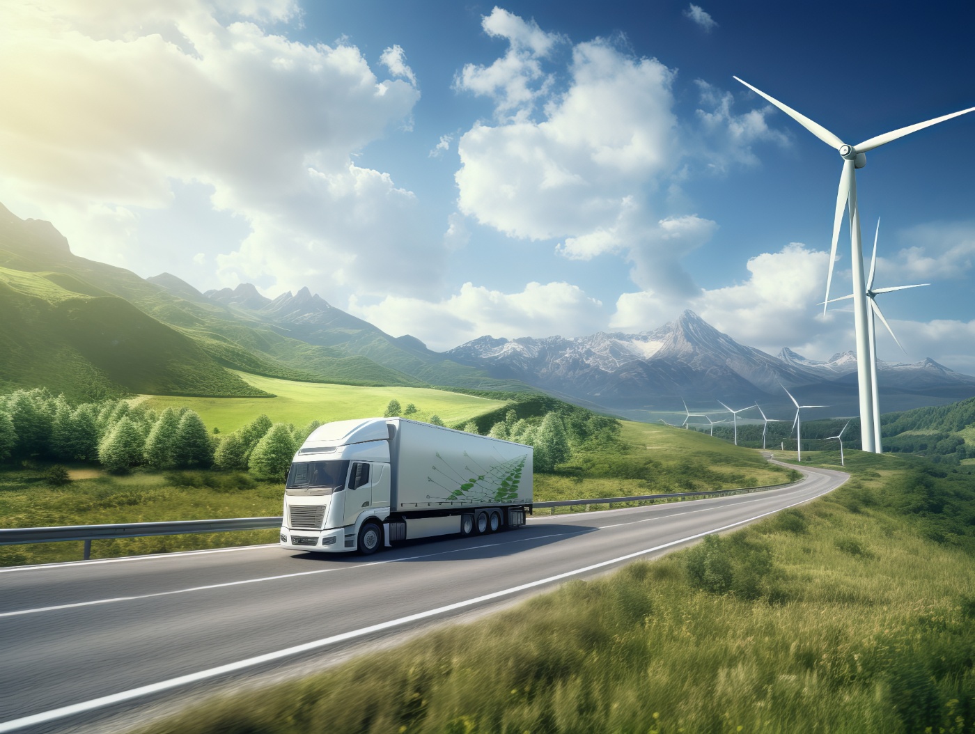 A modern truck drives on a rural road near wind turbines and green mountains in the background.