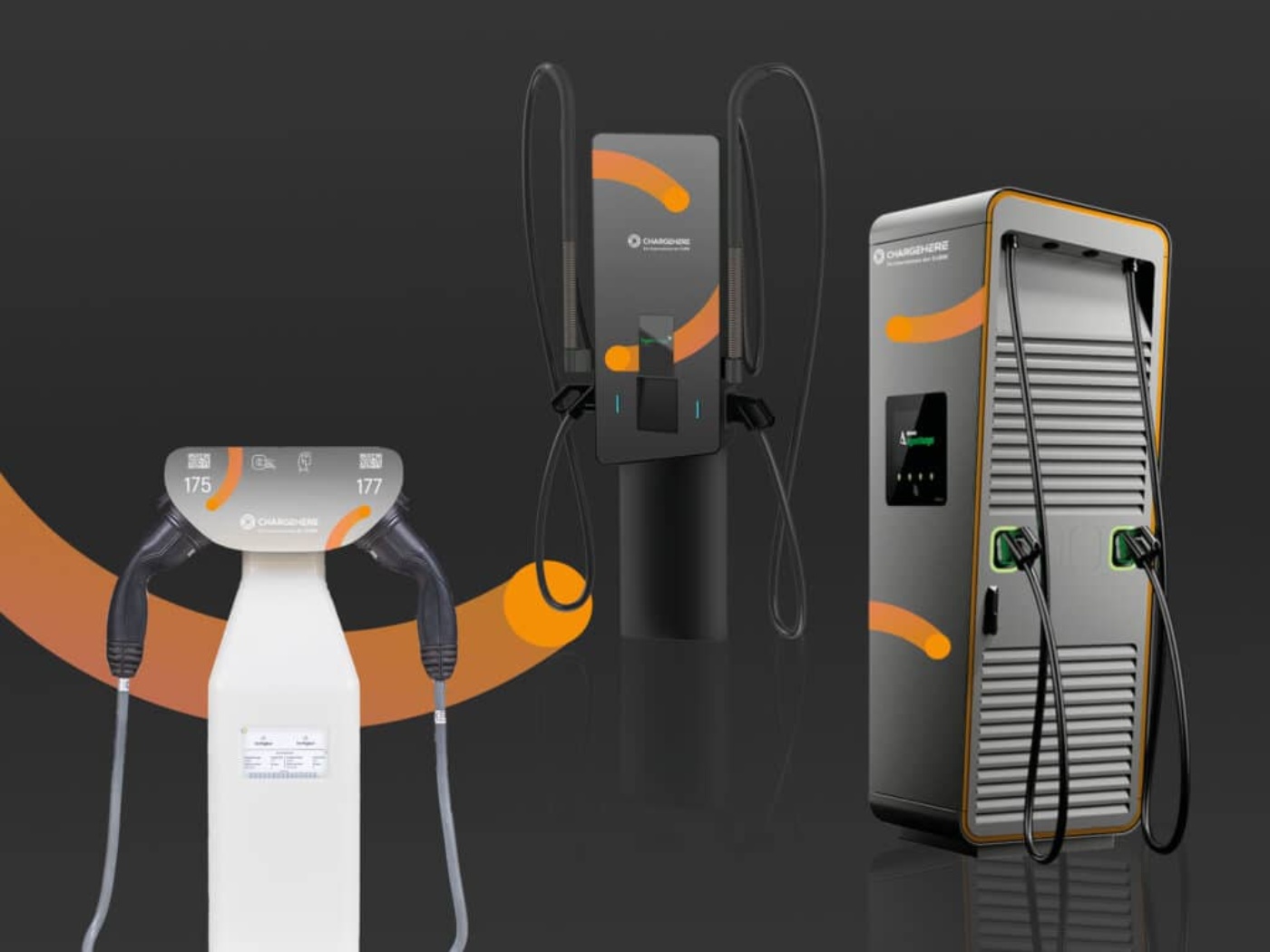 Three modern electric vehicle charging stations displayed on a dark background.