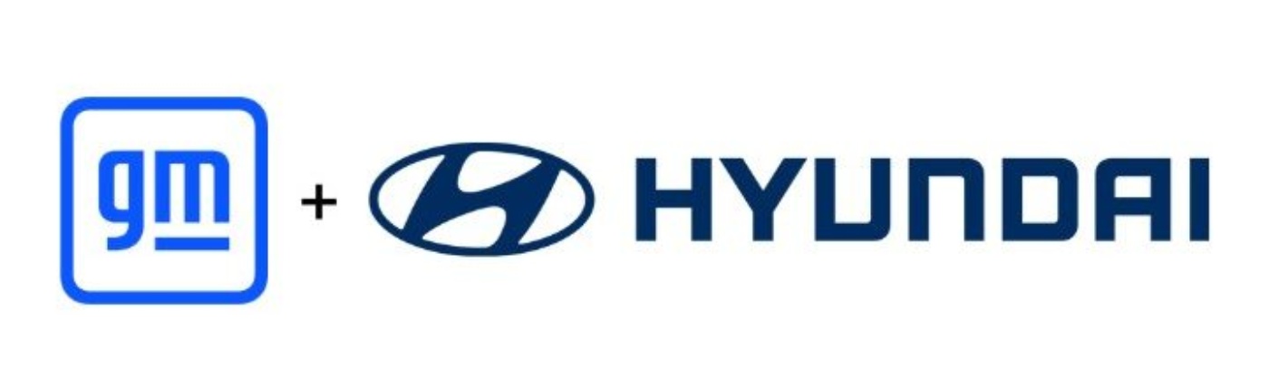 Logos of GM and Hyundai shown side by side with a plus sign in between.
