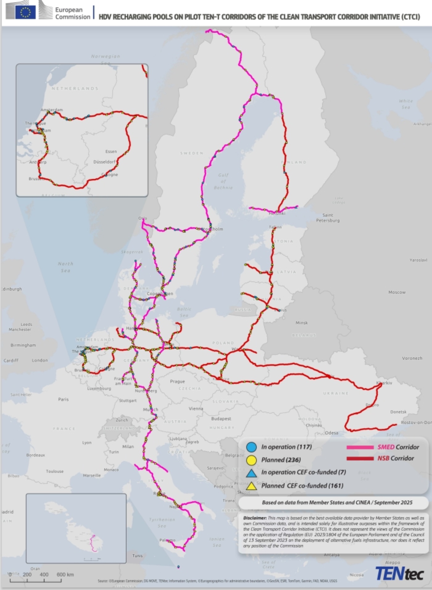 Map showing HDV recharging corridors across Europe with current and planned infrastructure status.