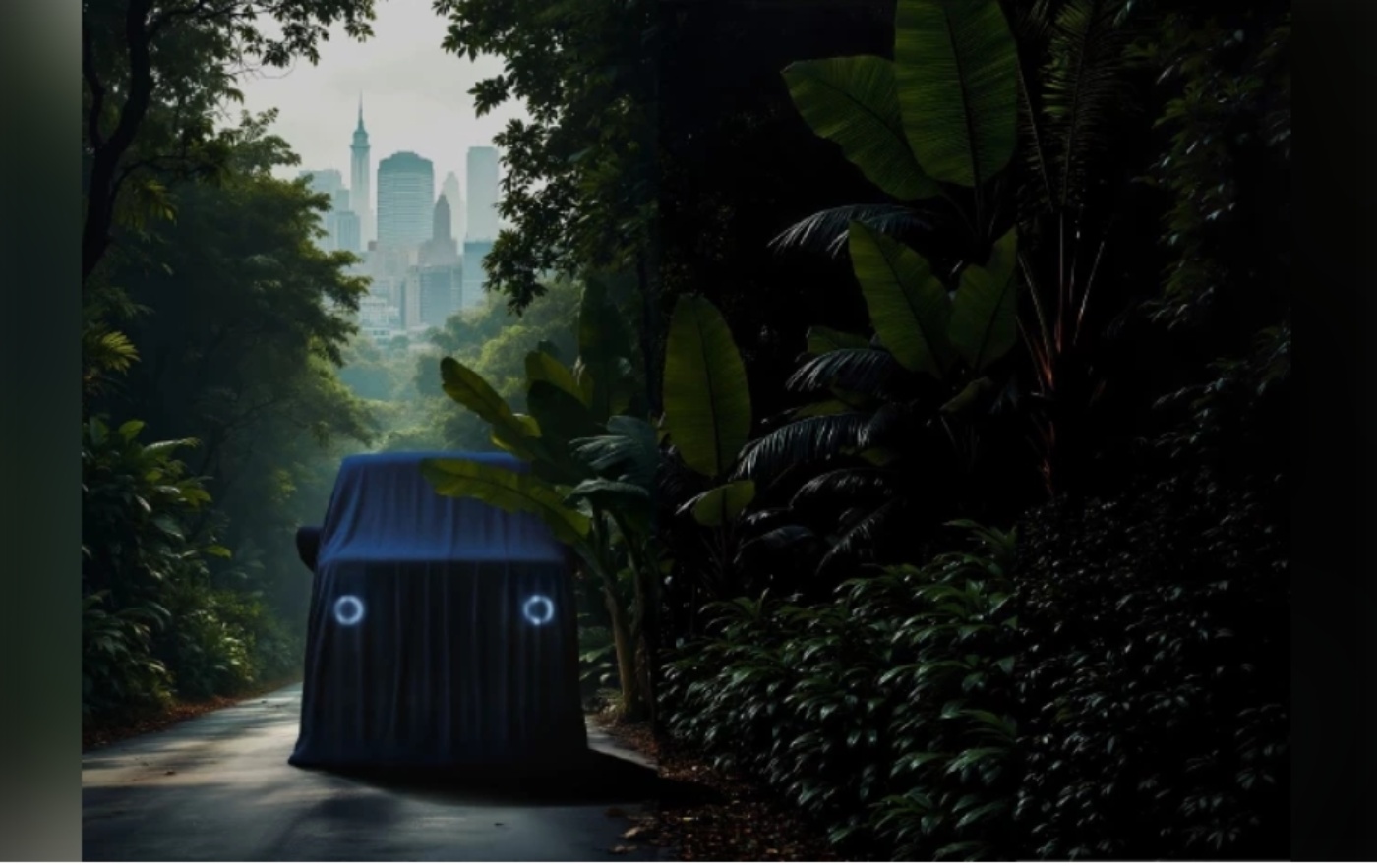 A covered vehicle with headlights is parked in a jungle path with a city skyline in the background.