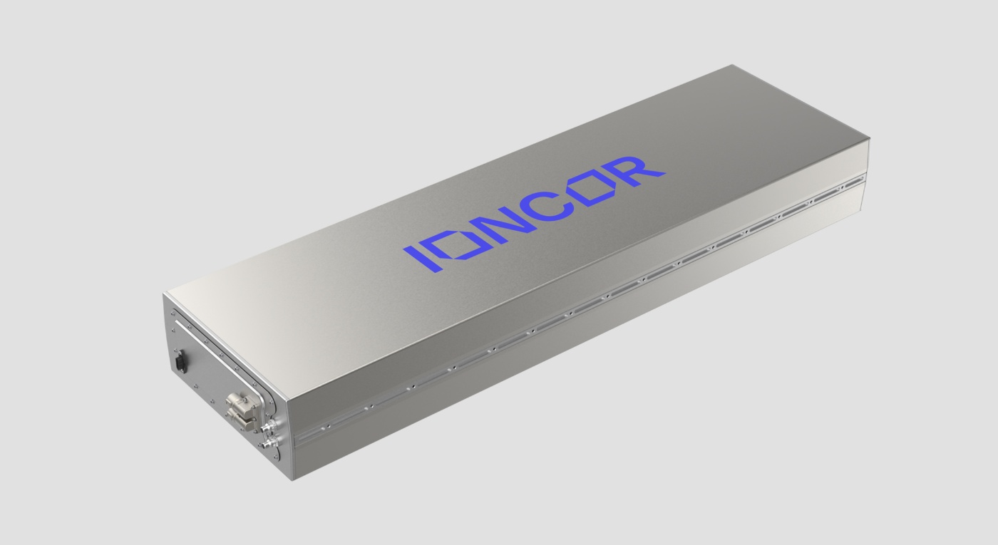 A silver rectangular battery module labeled IONCOR is shown on a light grey background.