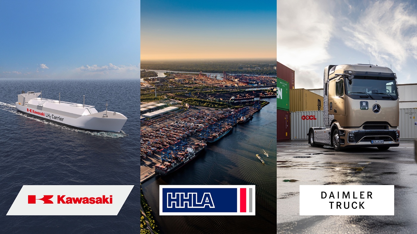 Ein Schiff, ein Hafen und ein Lkw sind nebeneinander mit Logos von Kawasaki, HHLA und Daimler Truck zu sehen.