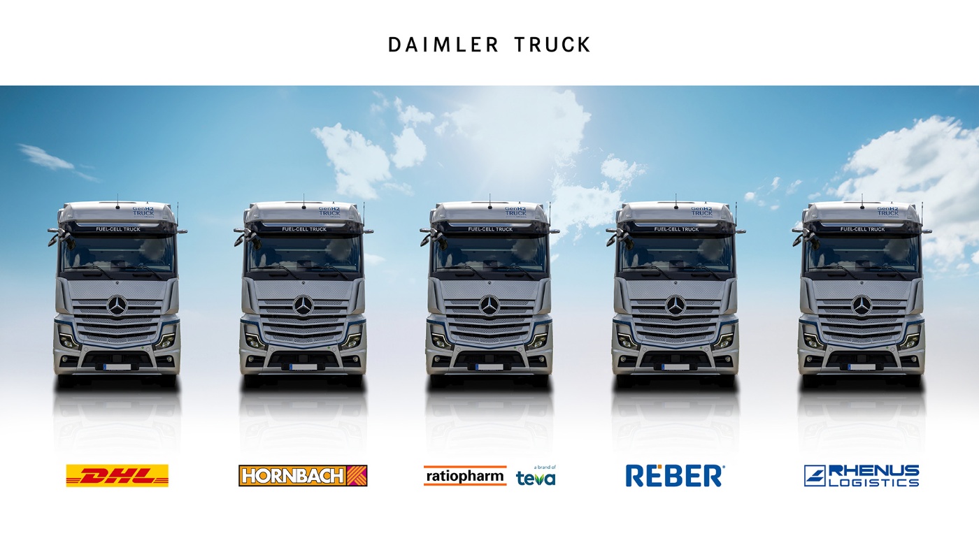 Five Daimler hydrogen fuel-cell trucks with partner logos including DHL and Rhenus Logistics.