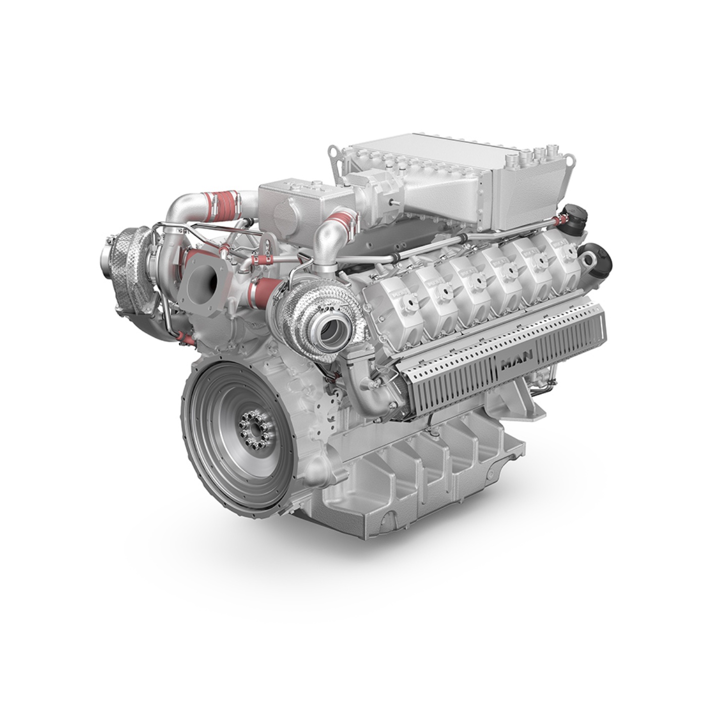 Großer silberner MAN V12-Motor mit sichtbaren Turboladern und detaillierten Bauteilen.