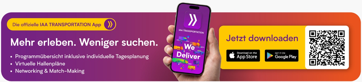 IAA TRANSPORTATION App mit Tagesplanung, Hallenplänen, Networking und Download-QR-Code.
