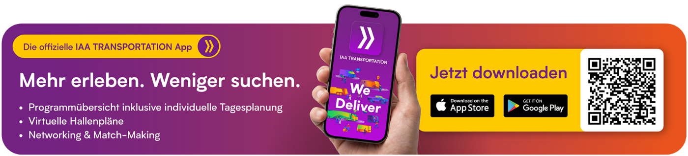 IAA TRANSPORTATION App mit Tagesplanung, Hallenplänen, Networking und Download-QR-Code.