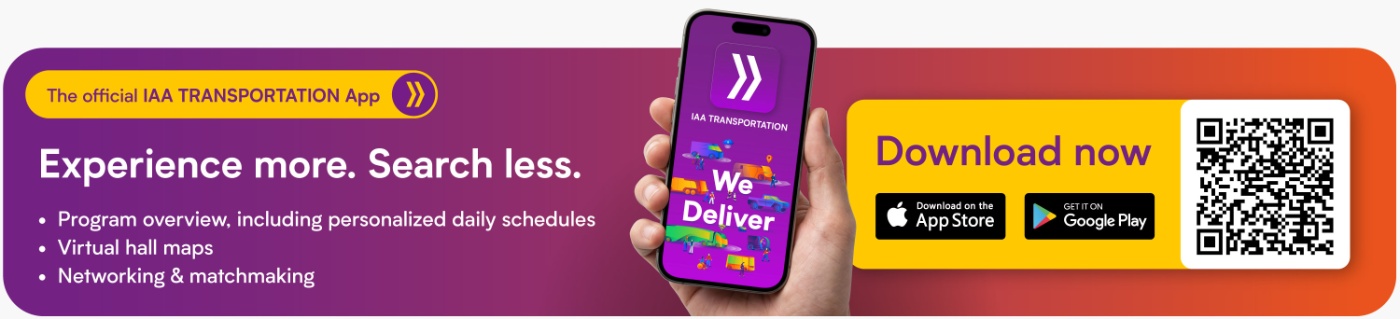 IAA TRANSPORTATION app with event planning, hall maps, networking and download QR code.