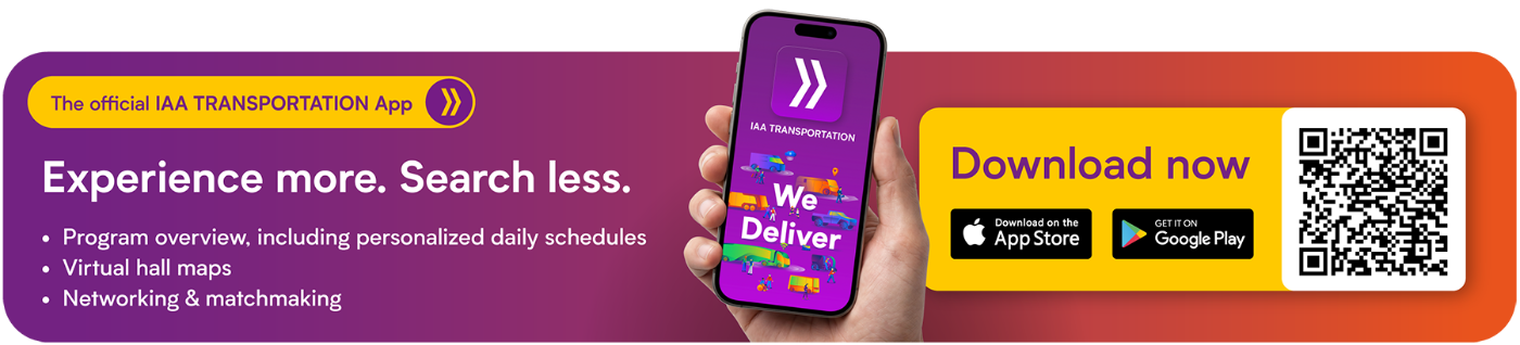 IAA TRANSPORTATION app with event planning, hall maps, networking and download QR code.
