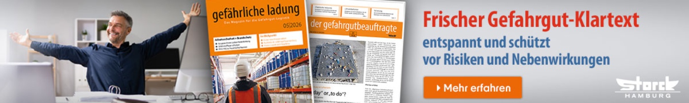 Banner für Gefahrgut-Magazine mit entspanntem Mann und aktuellen Fachzeitschriften.