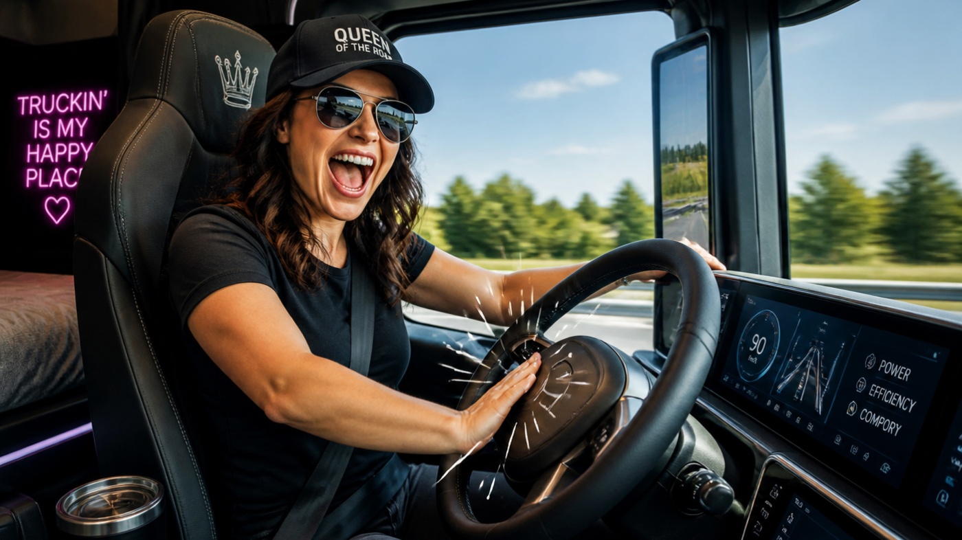 Lächelnde Lkw-Fahrerin sitzt am Steuer eines modernen Fahrerhauses.