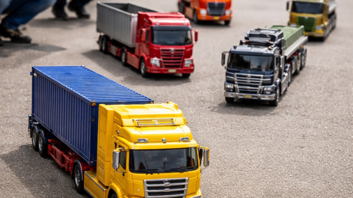Mehrere Modell-Lkw sind auf einer straßenähnlichen Fläche ausgestellt.