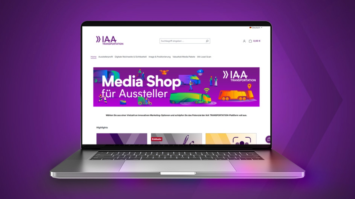 Laptop zeigt den IAA Media Shop für Aussteller vor violettem Hintergrund.