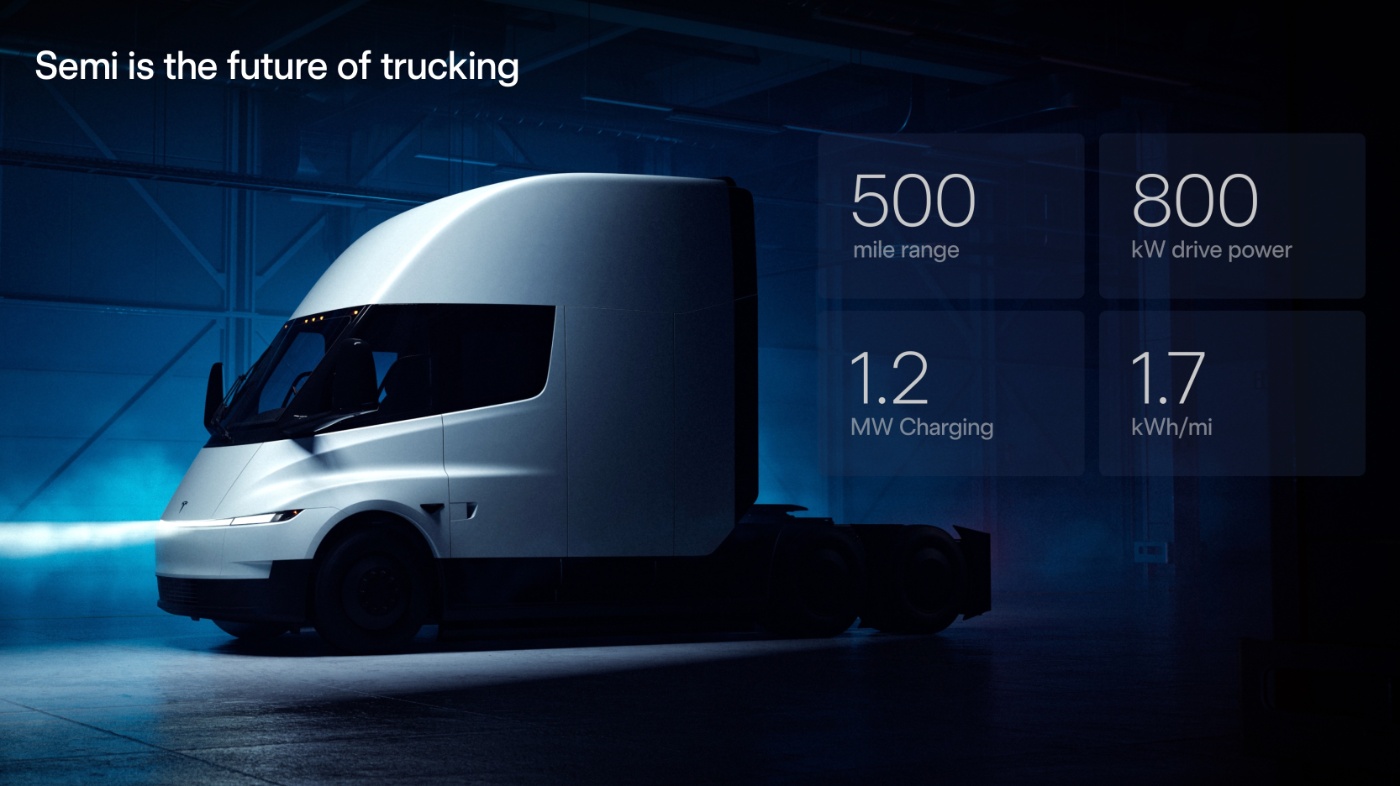 A white Tesla Semi truck is showcased indoors with performance stats highlighted beside it.