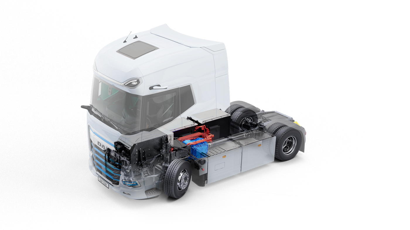 Partially transparent view of an electric DAF truck showing internal components.