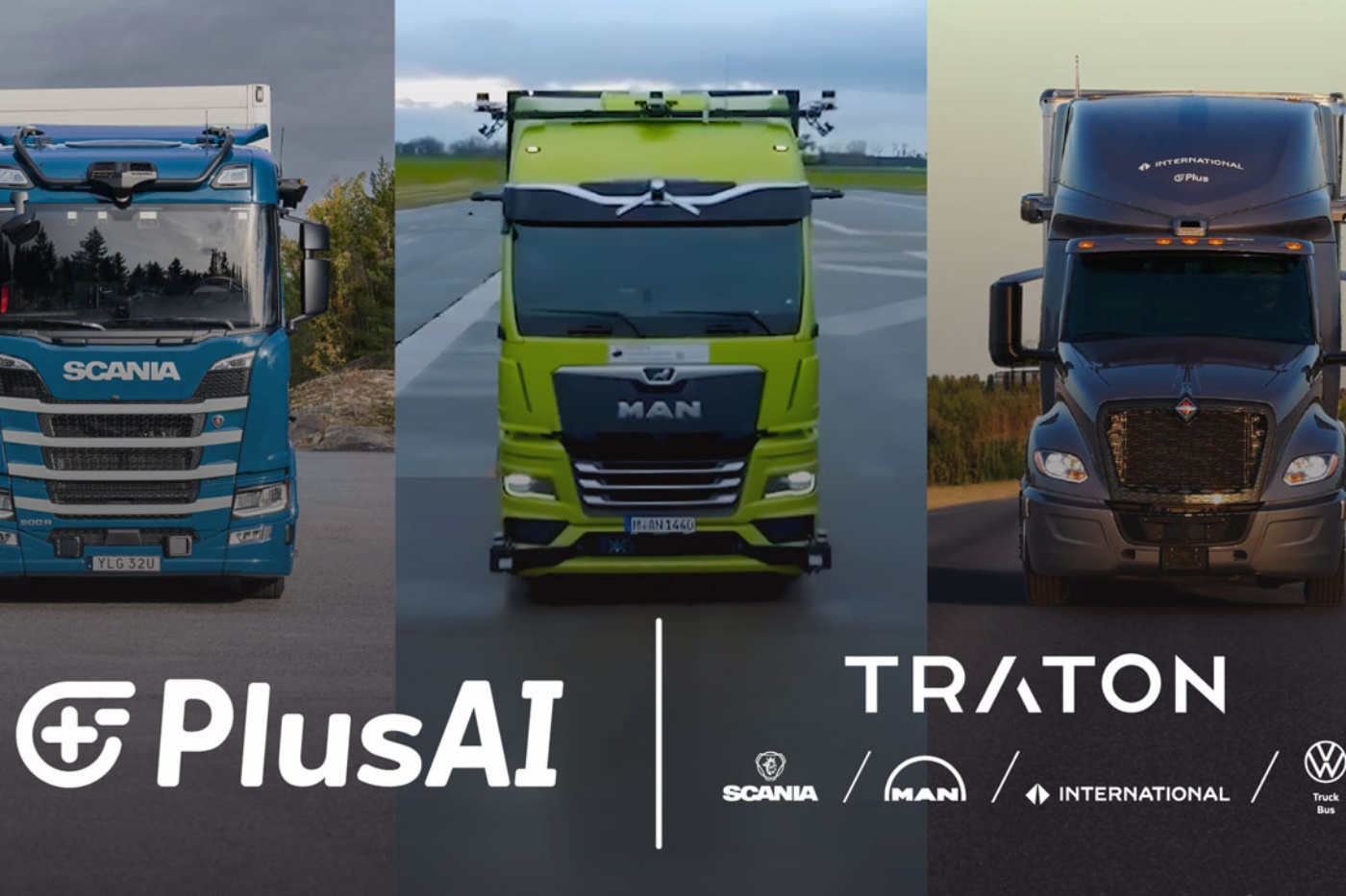 Three self-driving trucks from Scania, MAN, and International with PlusAI and TRATON logos.