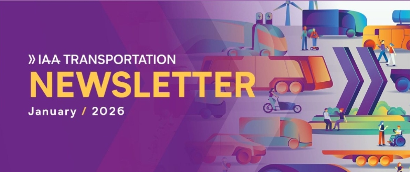 Colorful newsletter banner for IAA Transportation, January 2026, with stylized vehicles and people.