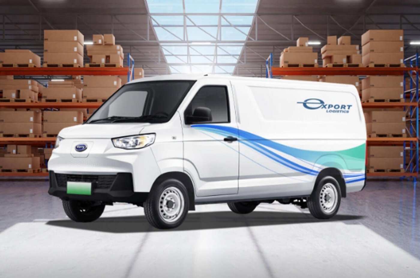 A white electric delivery van with Export Logistics branding is parked in a warehouse.