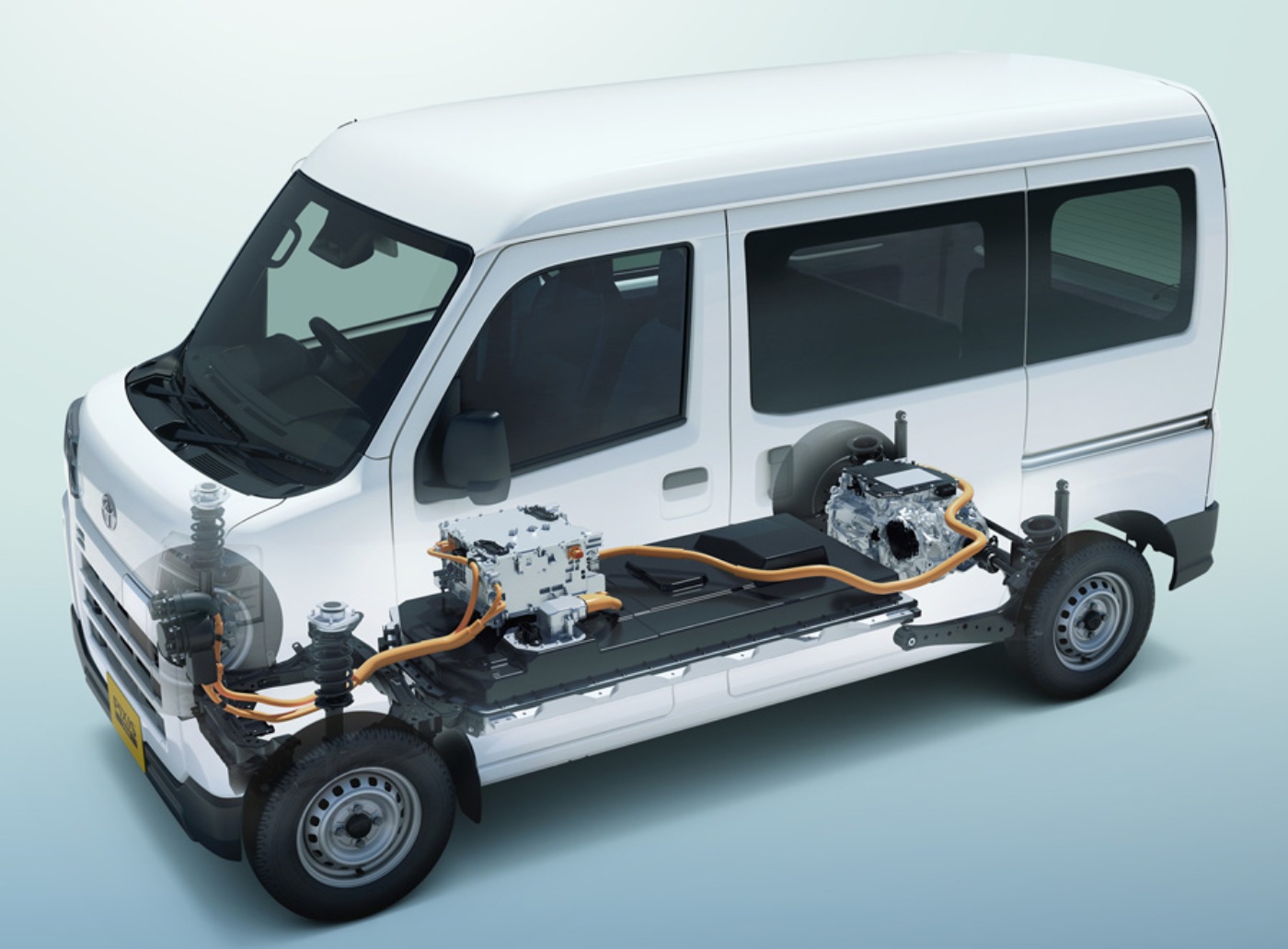 Electric van with partially transparent body showing battery, motor and power cables inside.